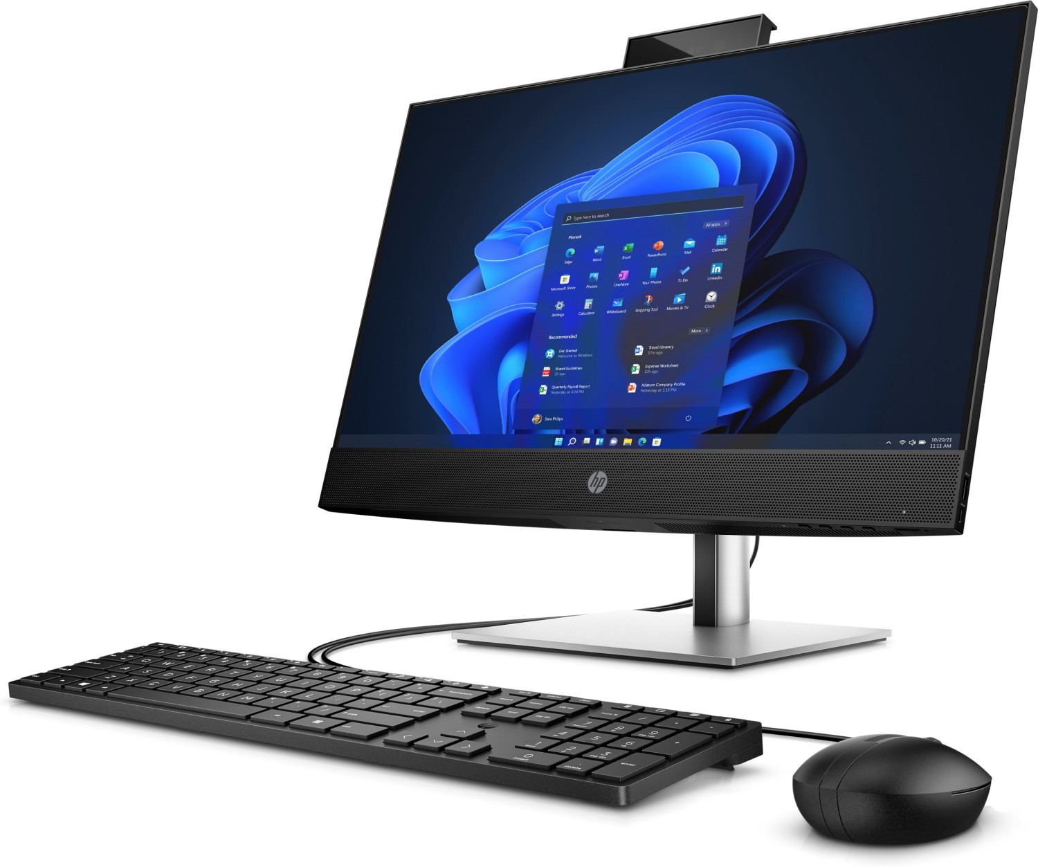 Un computer all-in-one HP con schermo Windows blu, tastiera e mouse su sfondo bianco.