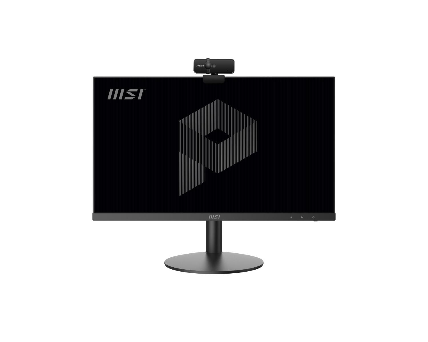 Un monitor MSI nero con webcam mostra un motivo geometrico su sfondo bianco.