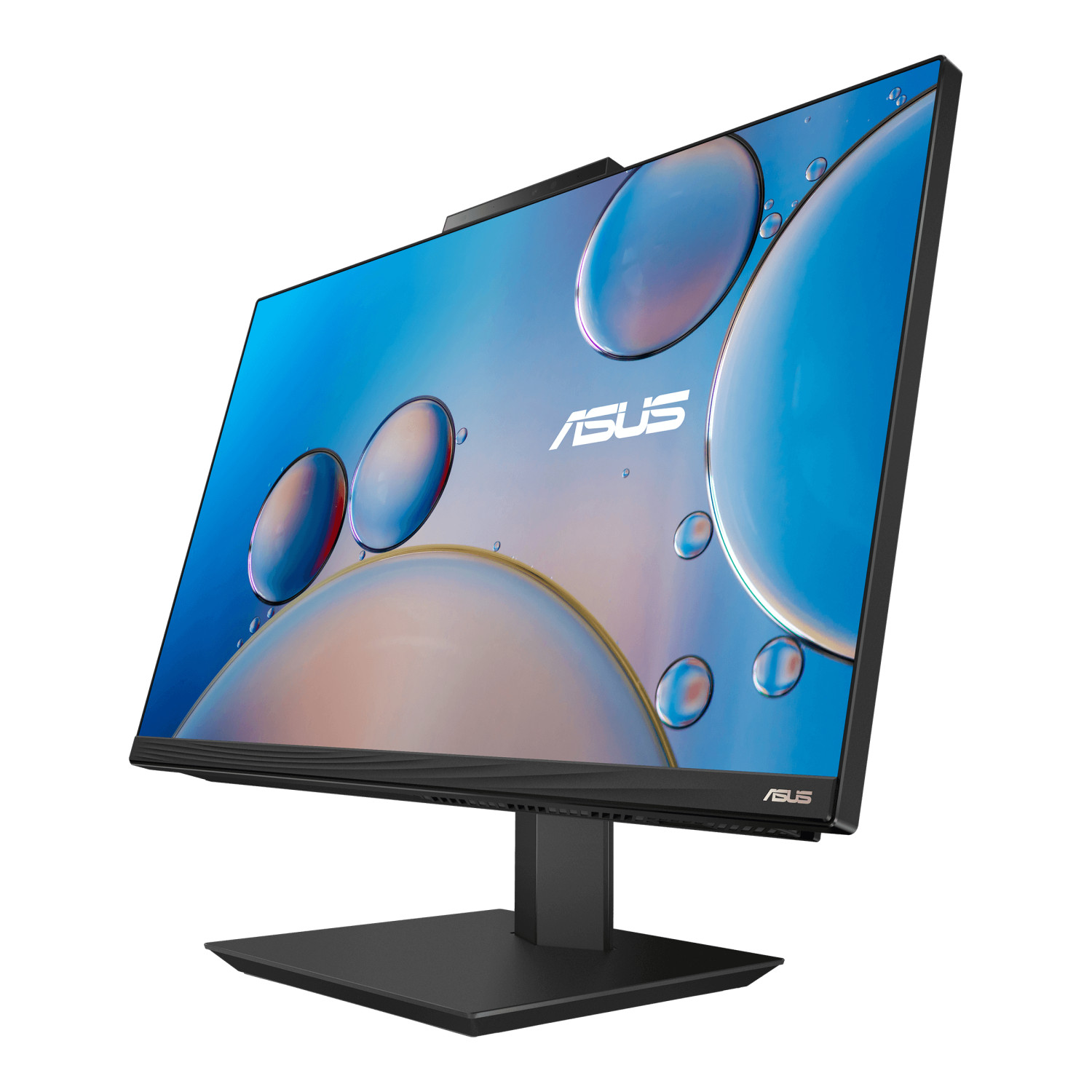 Un monitor ASUS nero con sfondo di gocce d'acqua blu su supporto.