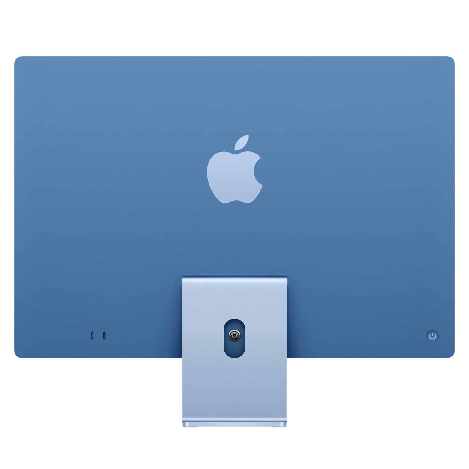 Widok z tyłu niebieskiego iMaca z logo Apple i podstawką na białym tle.