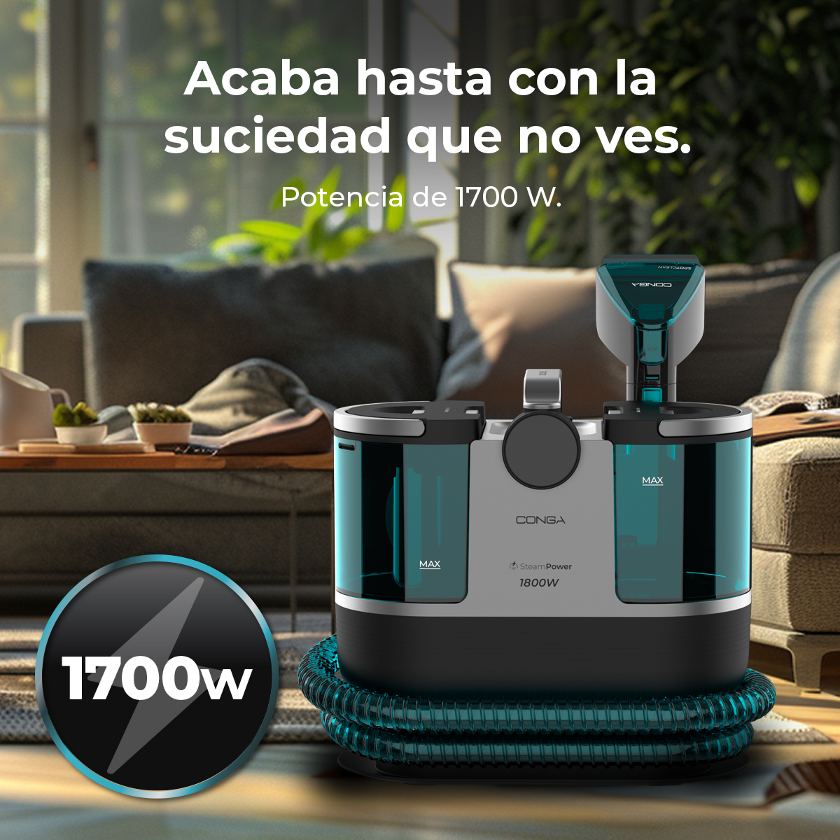 Un limpiador a vapor moderno gris y azul se encuentra frente a un sofá en una sala.