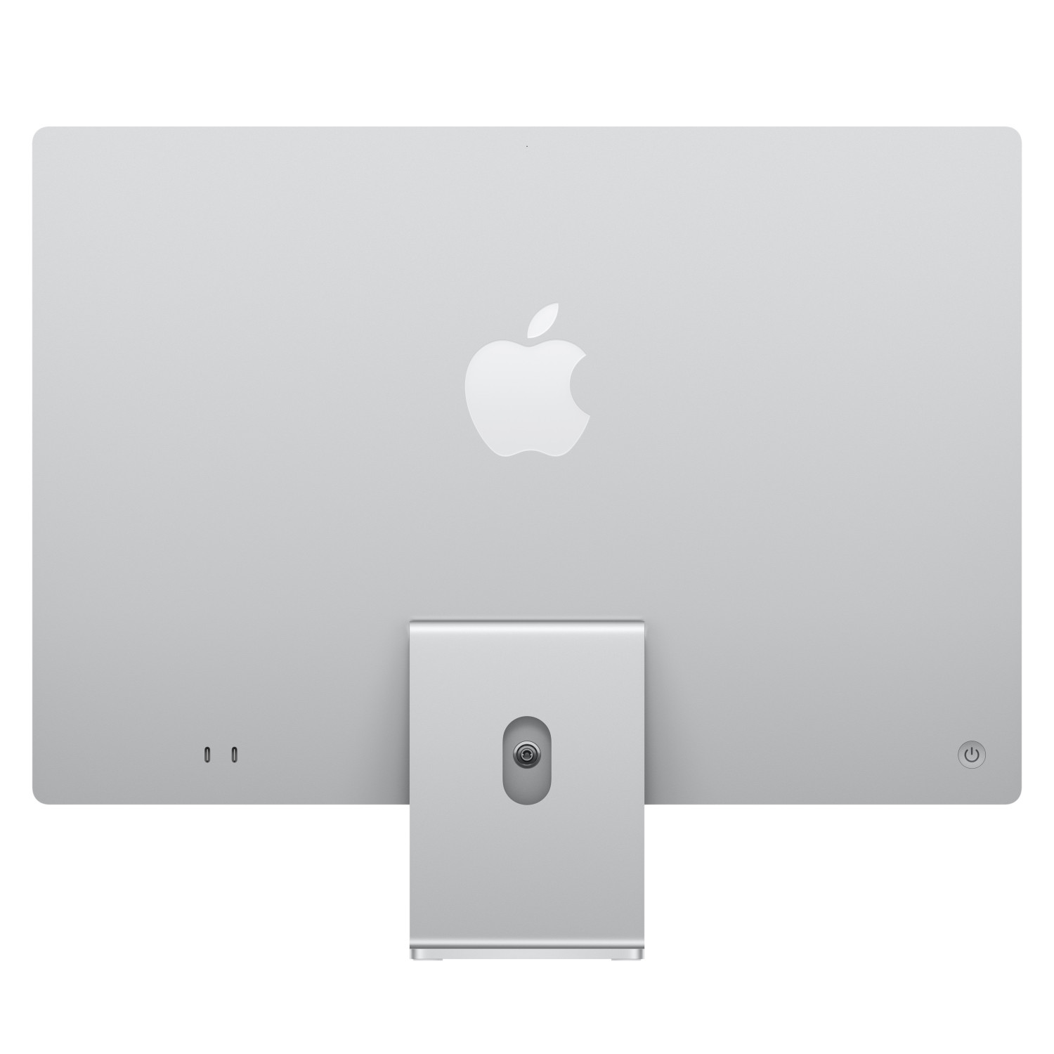 Vista posteriore di un computer desktop Apple argentato con supporto, porte e logo Apple su sfondo bianco.