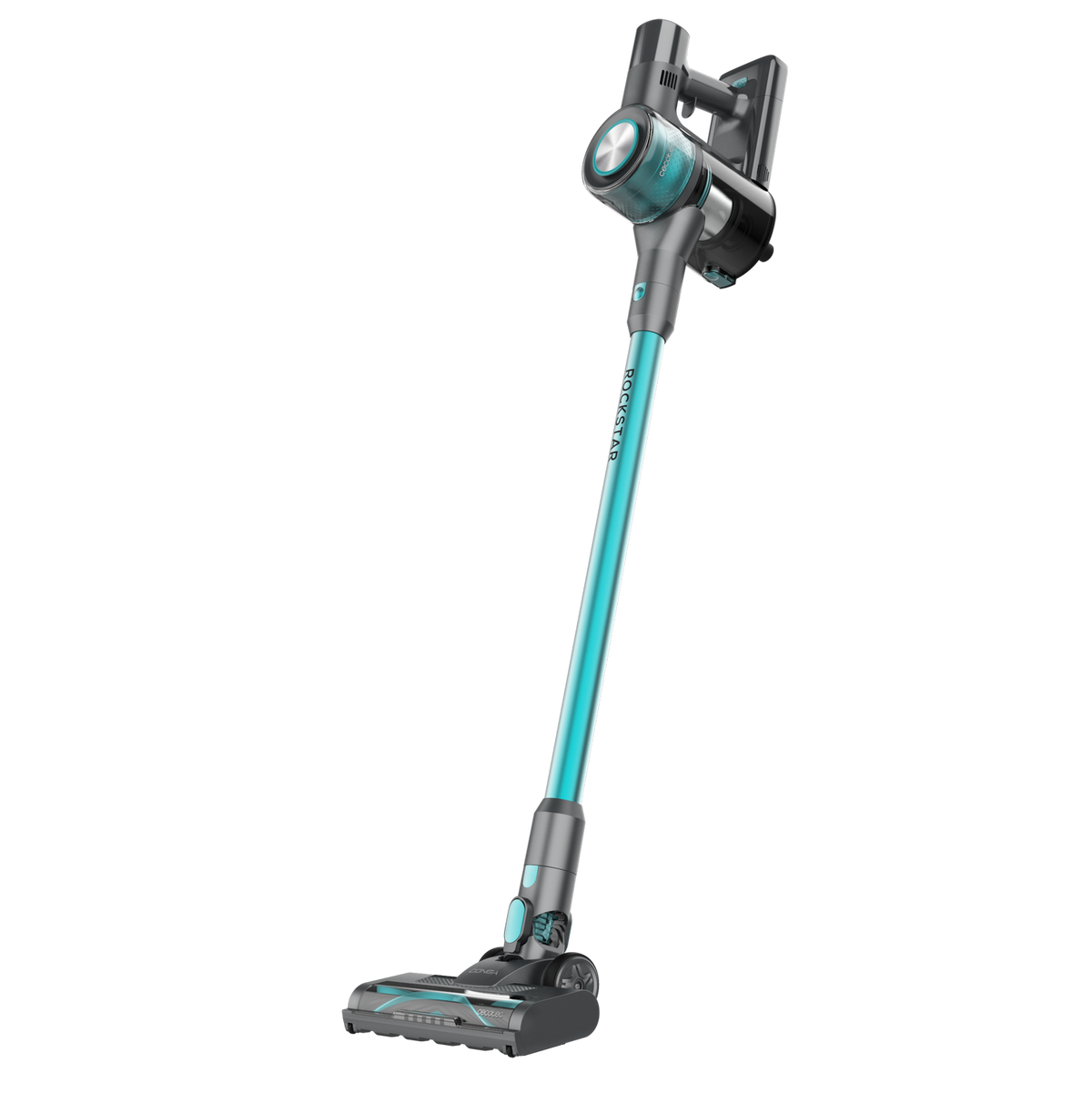 Cordless vacuum cleaner in grey and light blue against a black background.