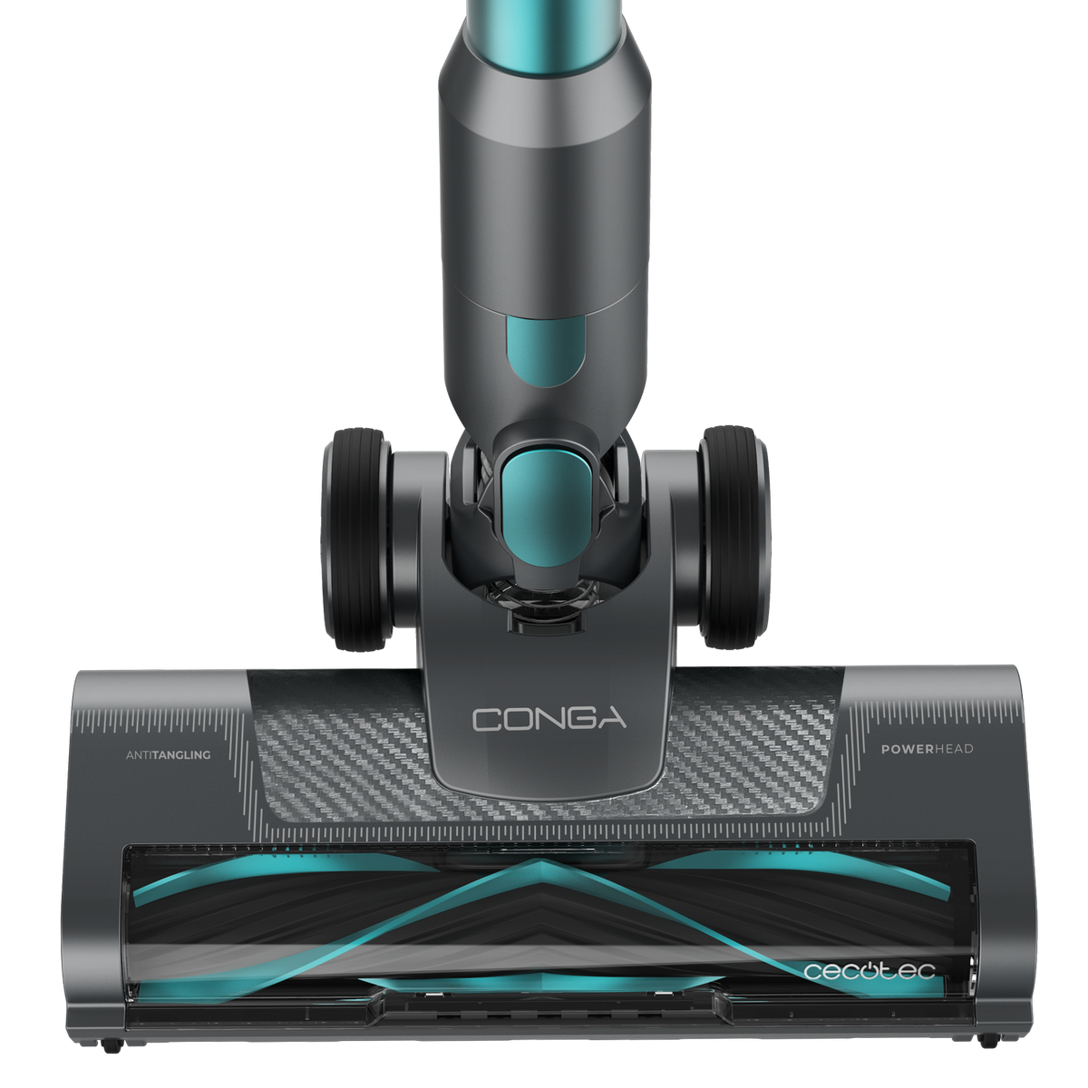 Grey and turquoise Conga vacuum cleaner head with wheels on a black background.