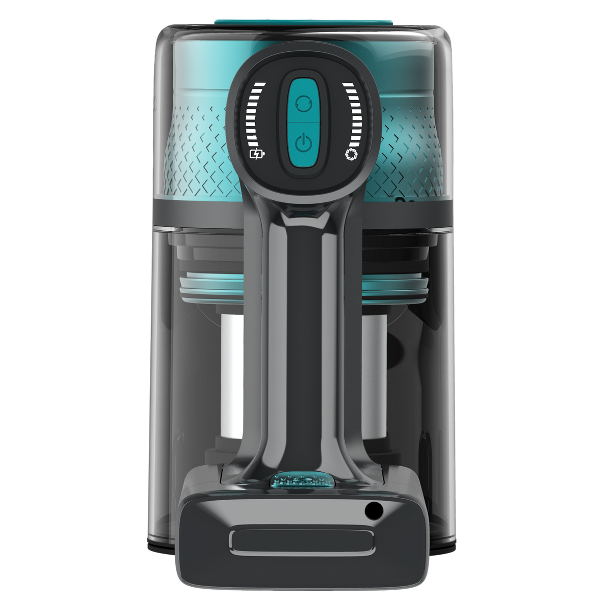 Modern black and turquoise cordless vacuum cleaner assembly with transparent dust bin.