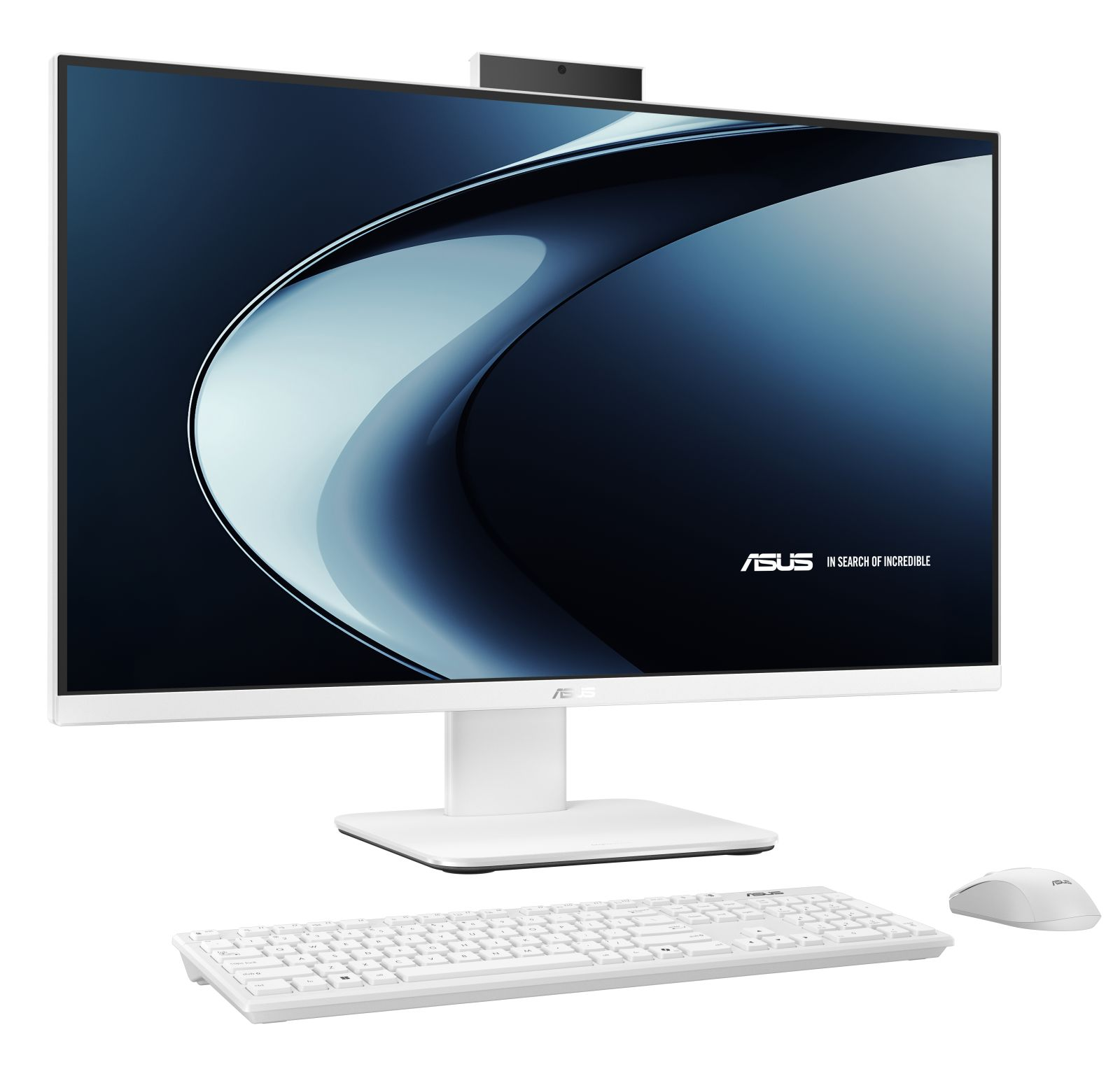 Biały komputer all-in-one ASUS z monitorem, klawiaturą i myszką na białym tle.