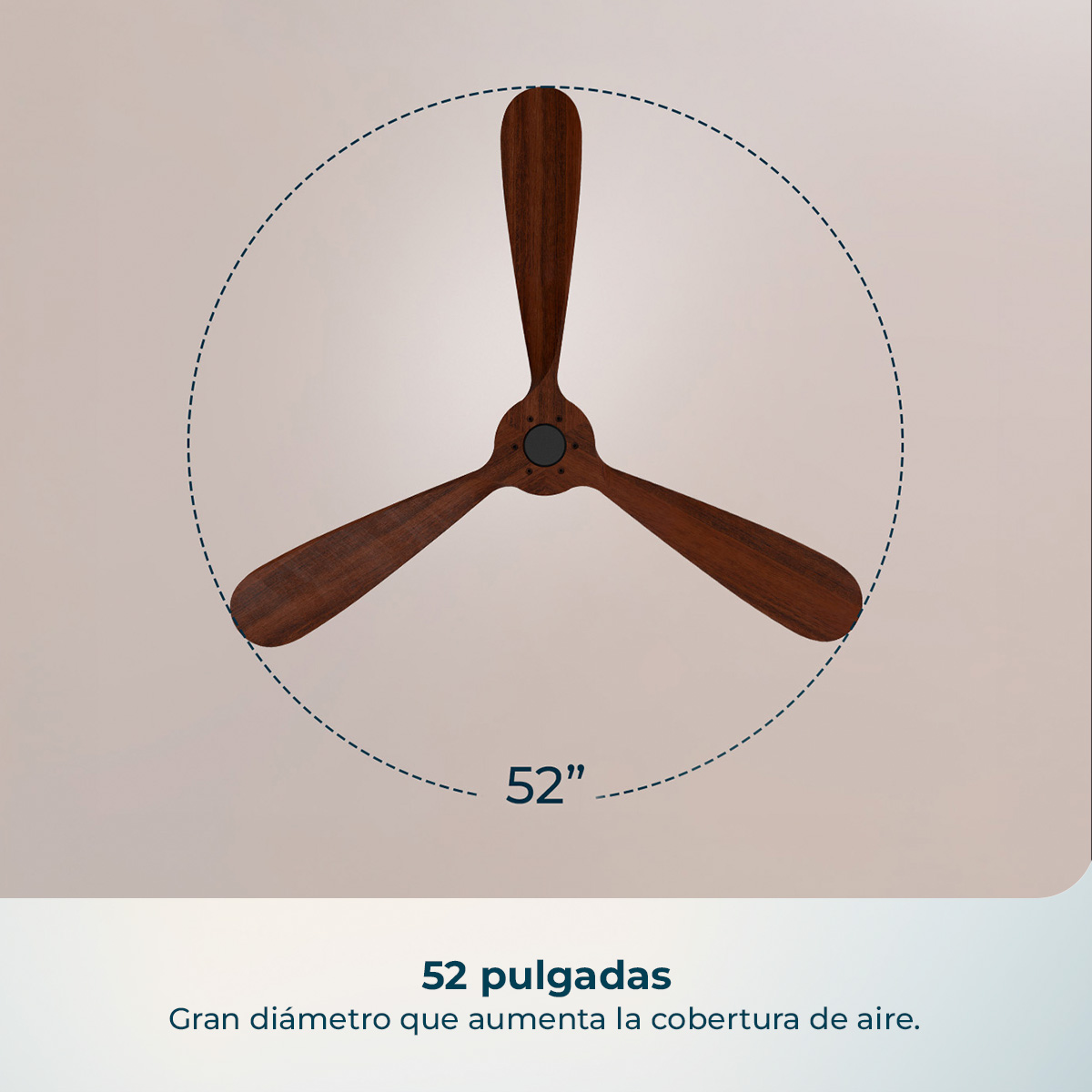 Dunkelbrauner 3-Flügel-Deckenventilator mit 52 Zoll Durchmesser und Spanischtext unten.