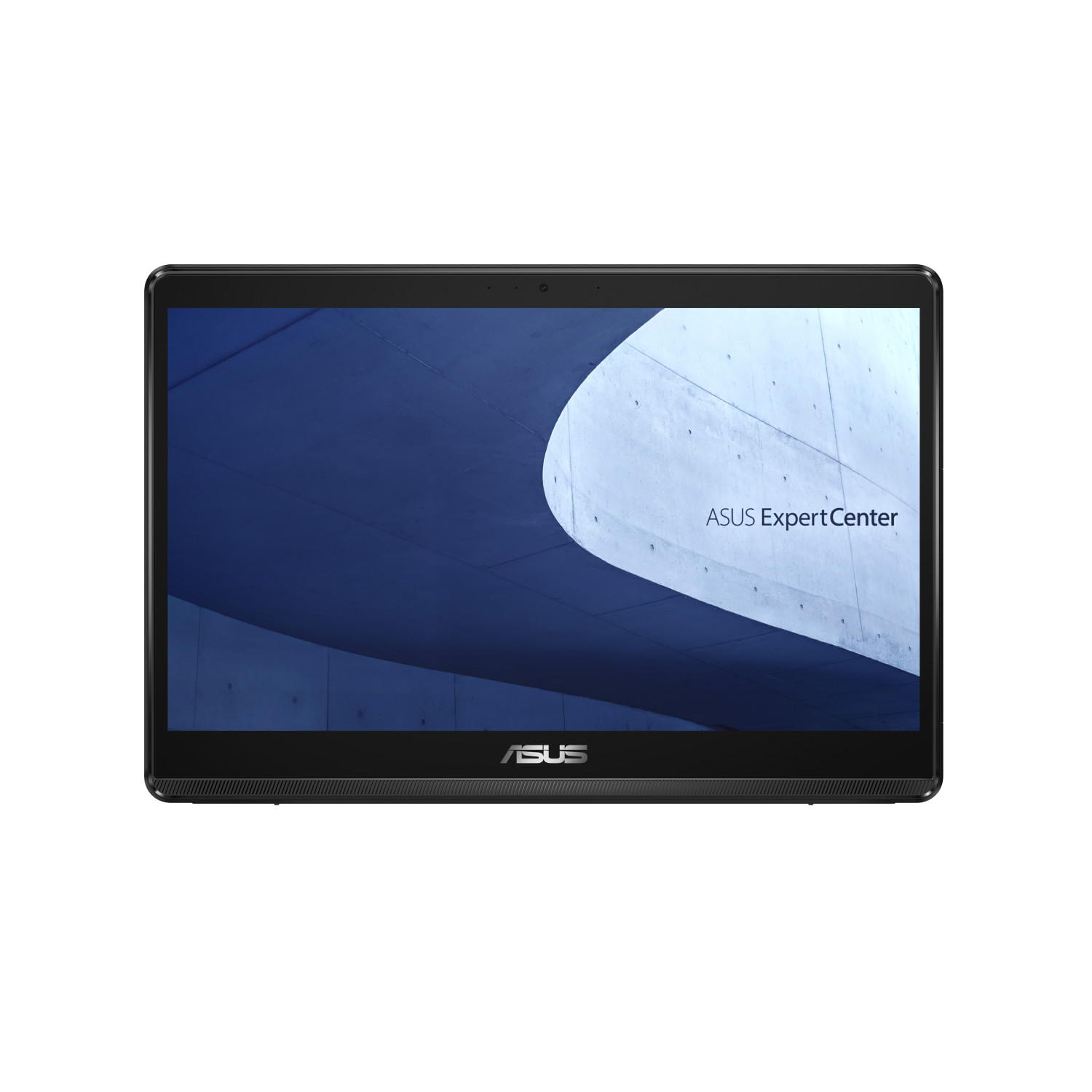 Un PC all-in-one ASUS ExpertCenter con cornice nera e uno sfondo blu sullo schermo.