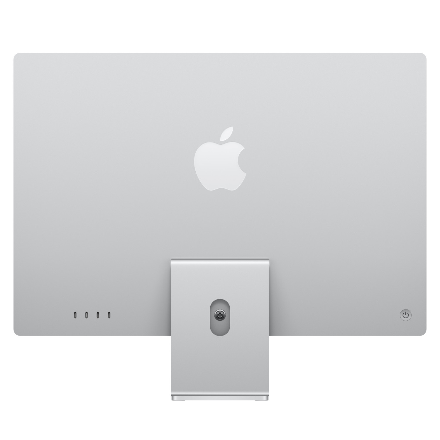 Vista posteriore di un Apple iMac argento con logo Apple e supporto su sfondo bianco.