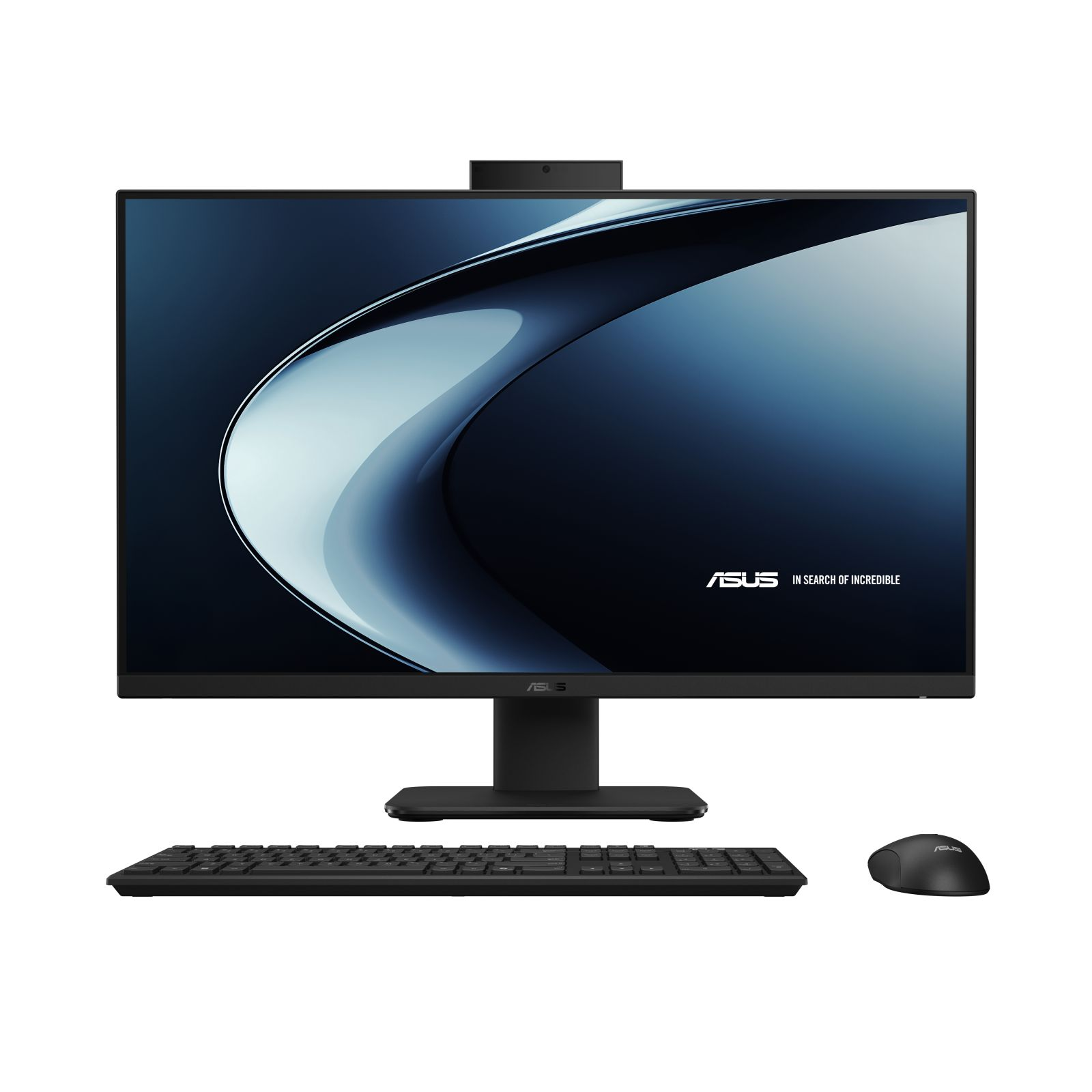 Czarny komputer all-in-one Asus z klawiaturą i myszką na białym tle.
