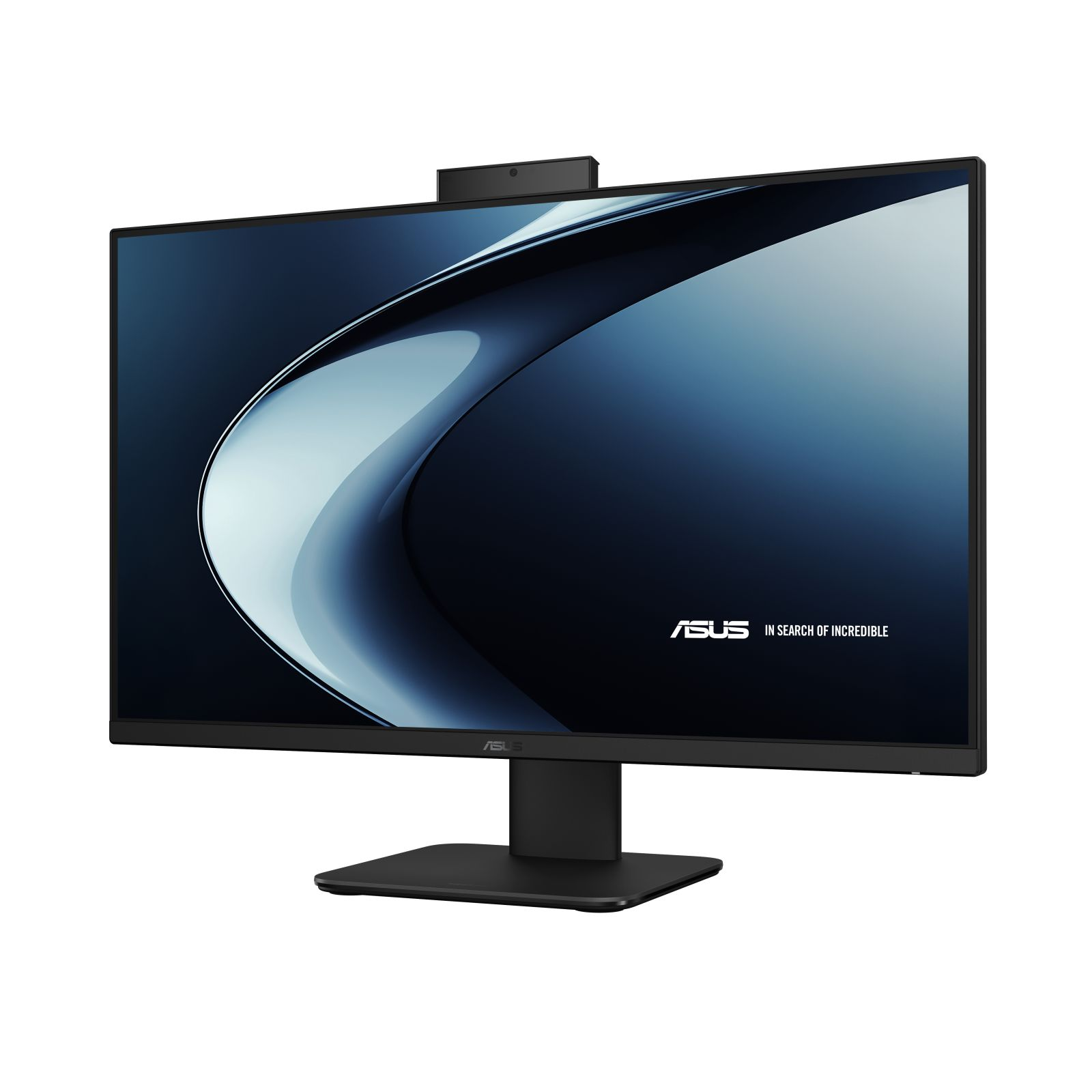 Czarny monitor komputerowy Asus wyświetlający niebieską abstrakcyjną tapetę na białym tle.
