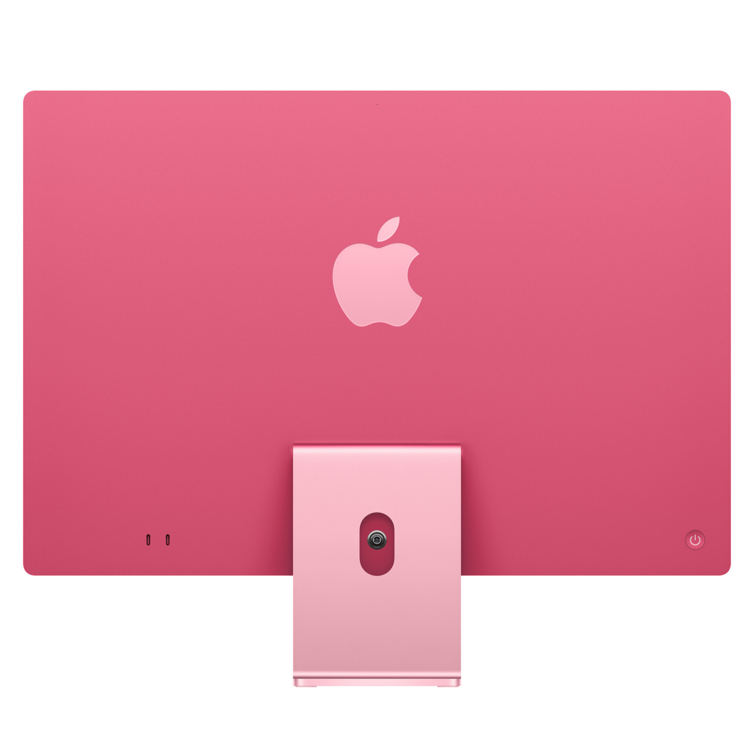 Vista posteriore di un iMac Apple rosa con logo e supporto rosa chiaro su sfondo bianco.