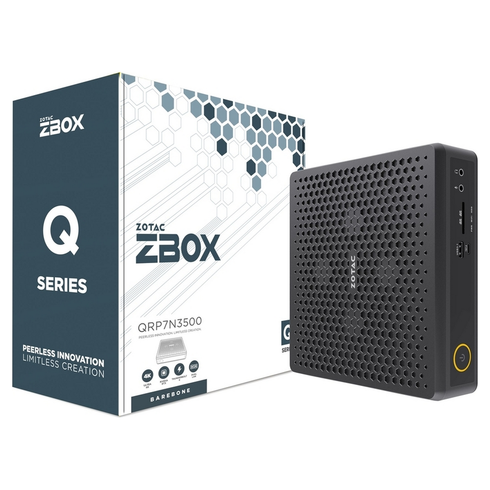 Un mini PC nero Zotac ZBOX Serie Q accanto alla sua confezione con motivo a nido d'ape.