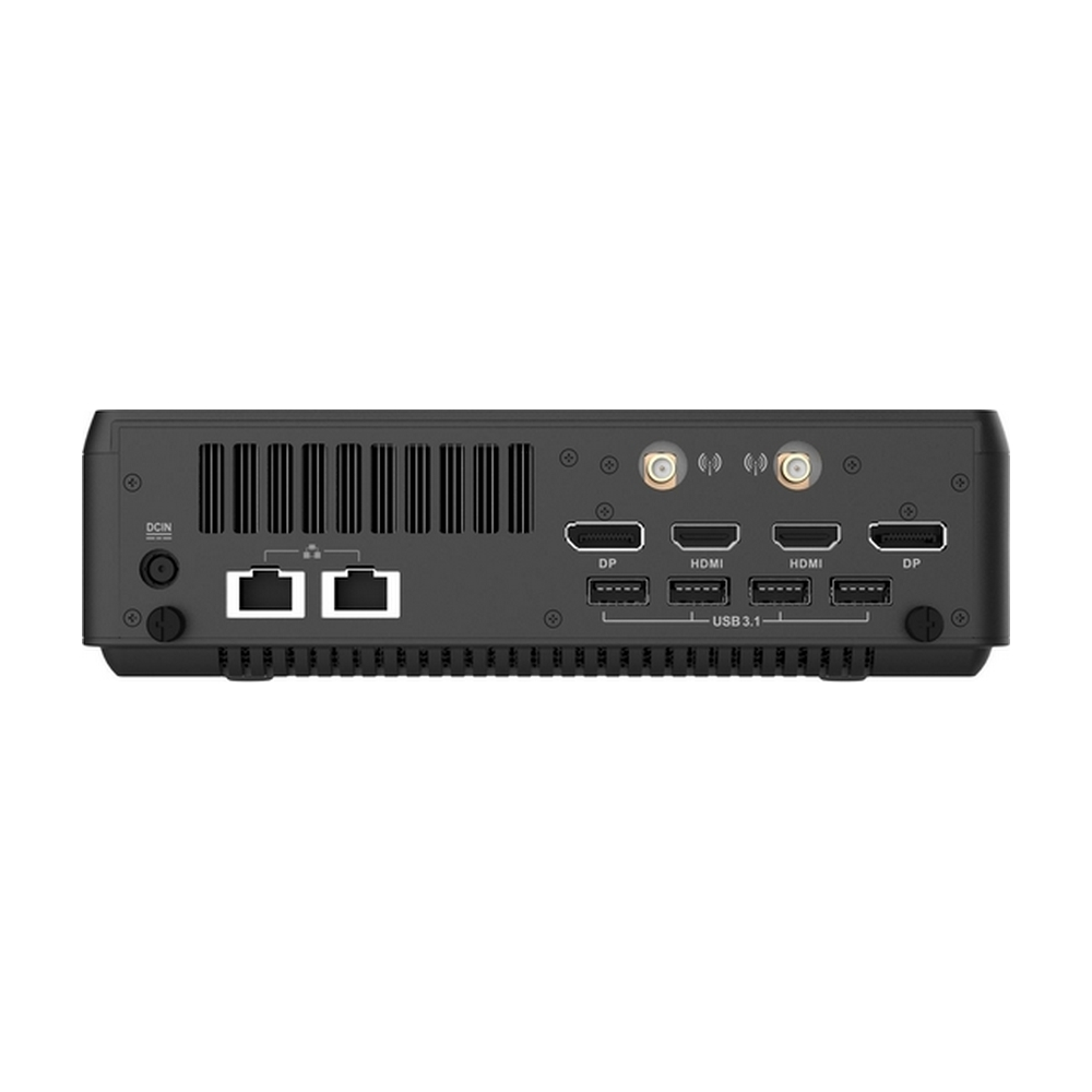 Pannello posteriore di un mini PC nero con porte USB, HDMI, DisplayPort, Ethernet e DC-in.