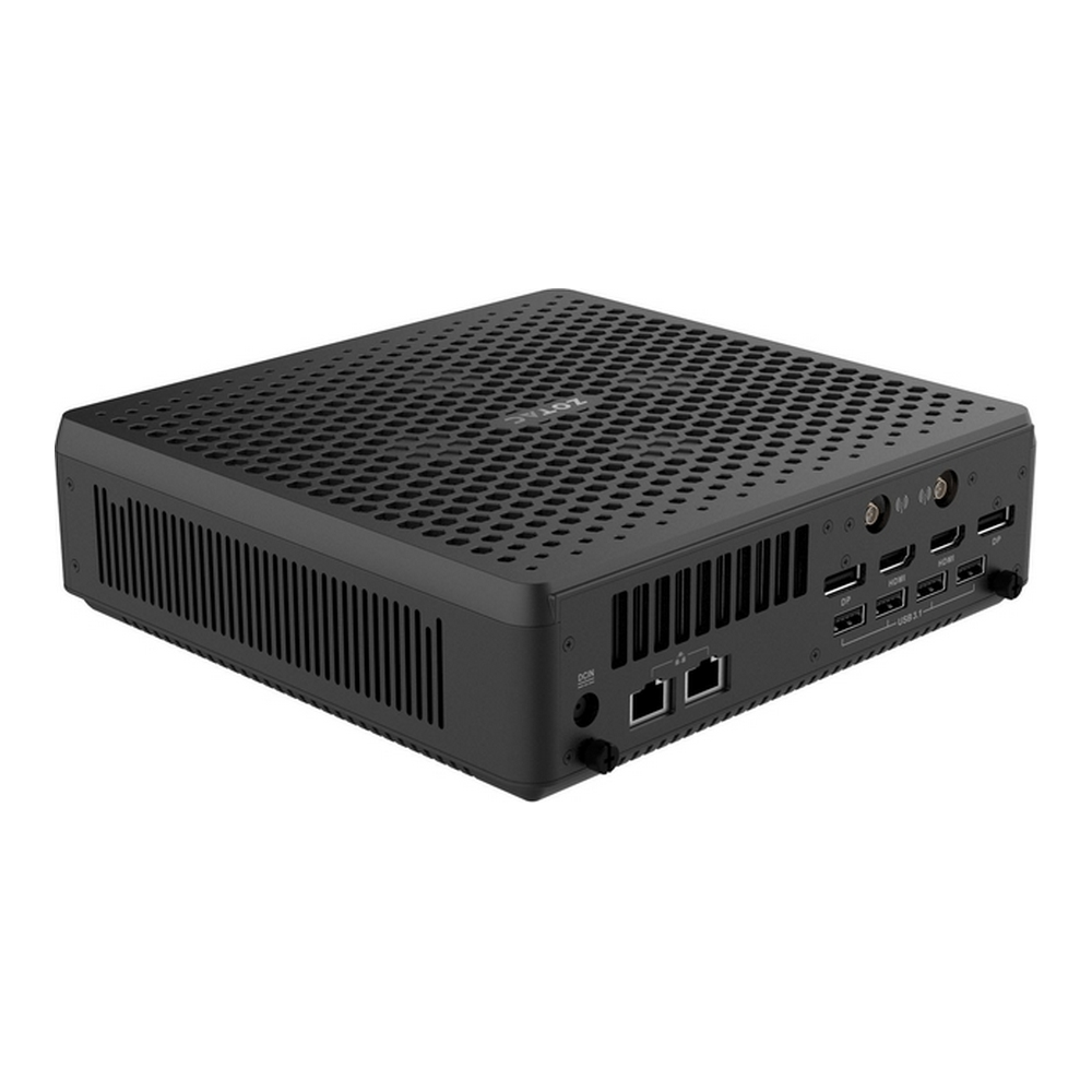 Mini PC nero con griglie di ventilazione superiori e laterali e numerose porte sul retro.