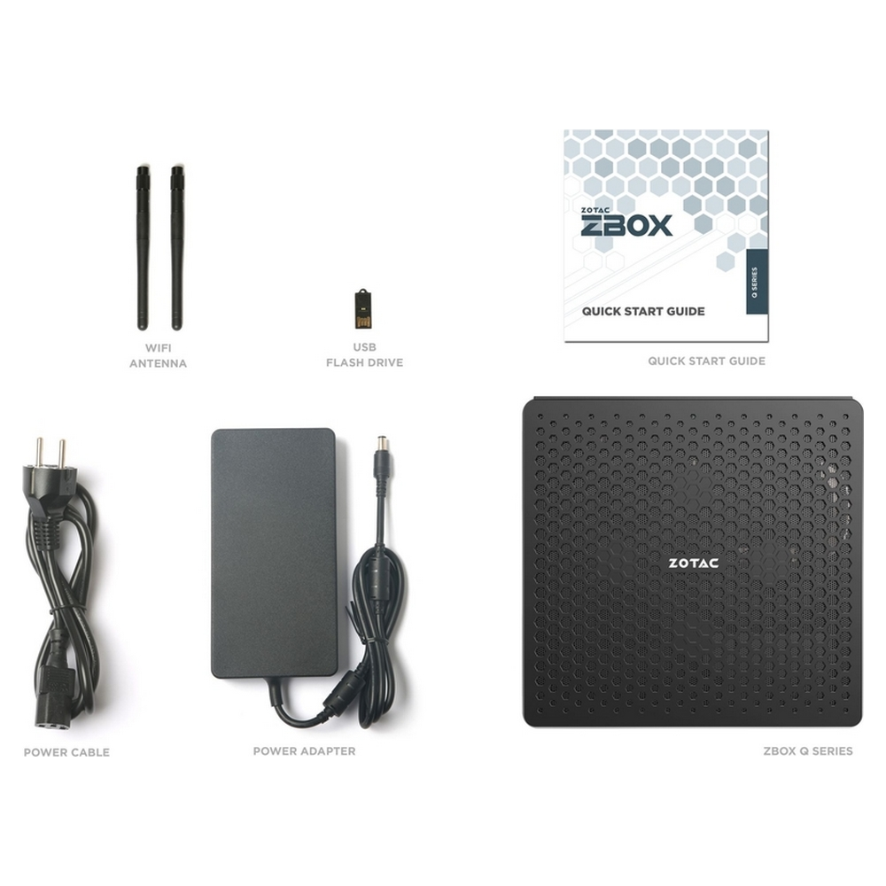 Serie Zotac ZBOX Q con antenne, chiavetta USB, alimentatore e manuale su sfondo bianco.