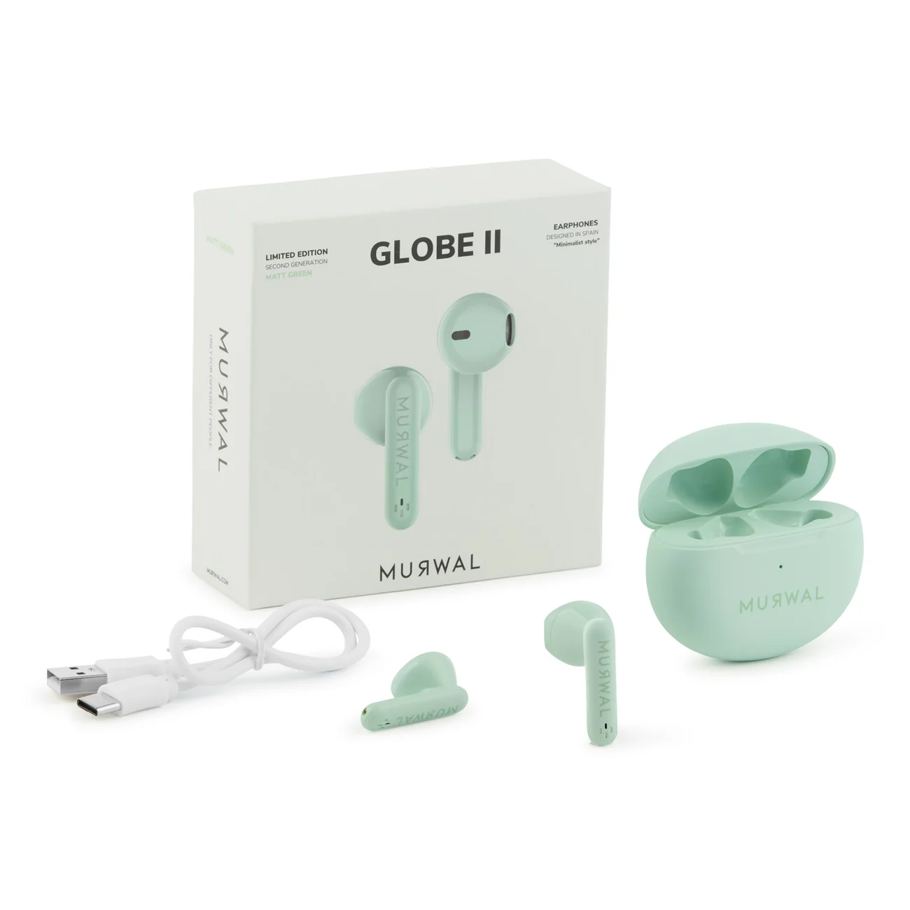 Auriculares in-ear Murwal Globe II verde menta con estuche de carga, cable y caja en un fondo blanco.