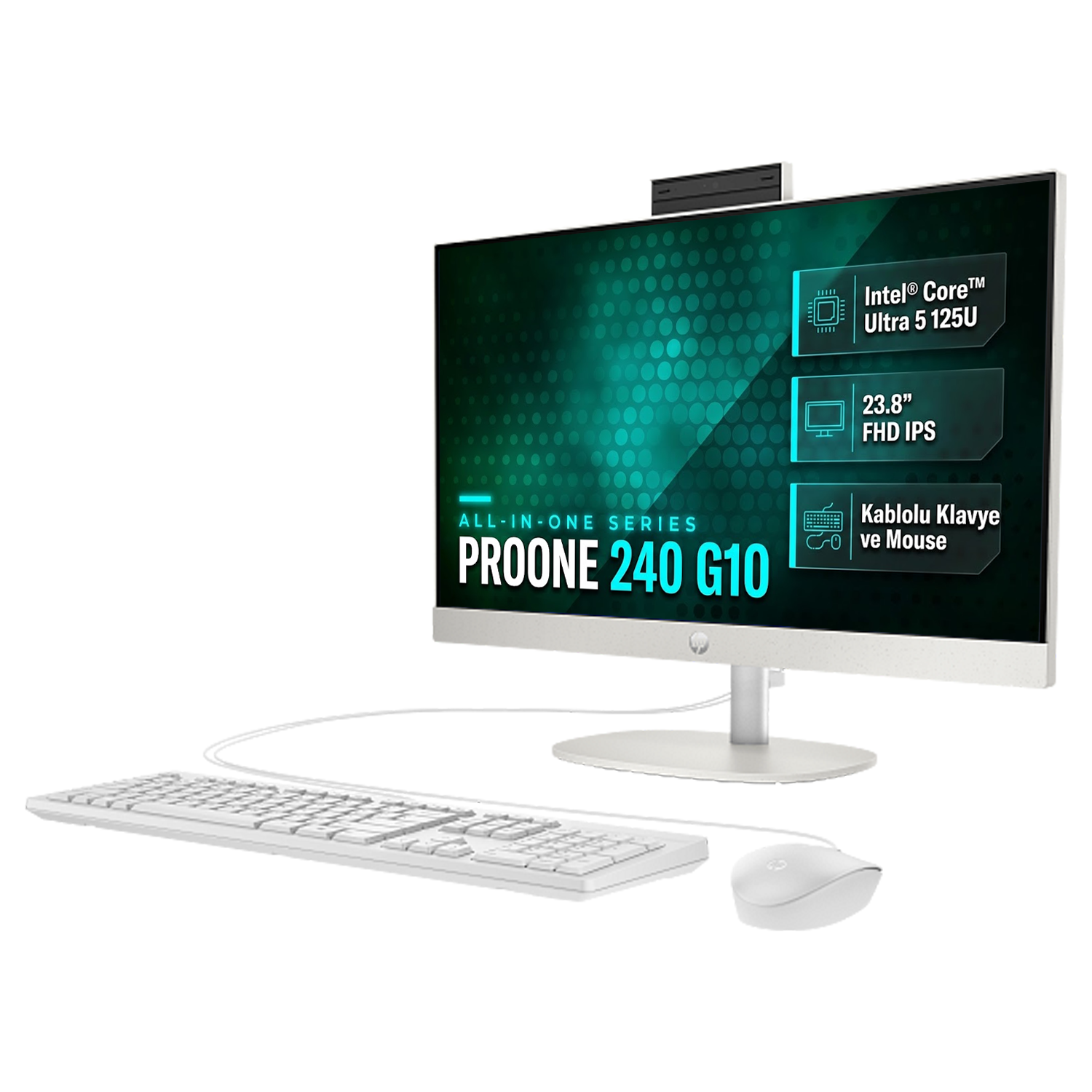 Beyaz arka planda beyaz klavye ve fareye sahip HP ProOne 240 G10 All-in-One PC.