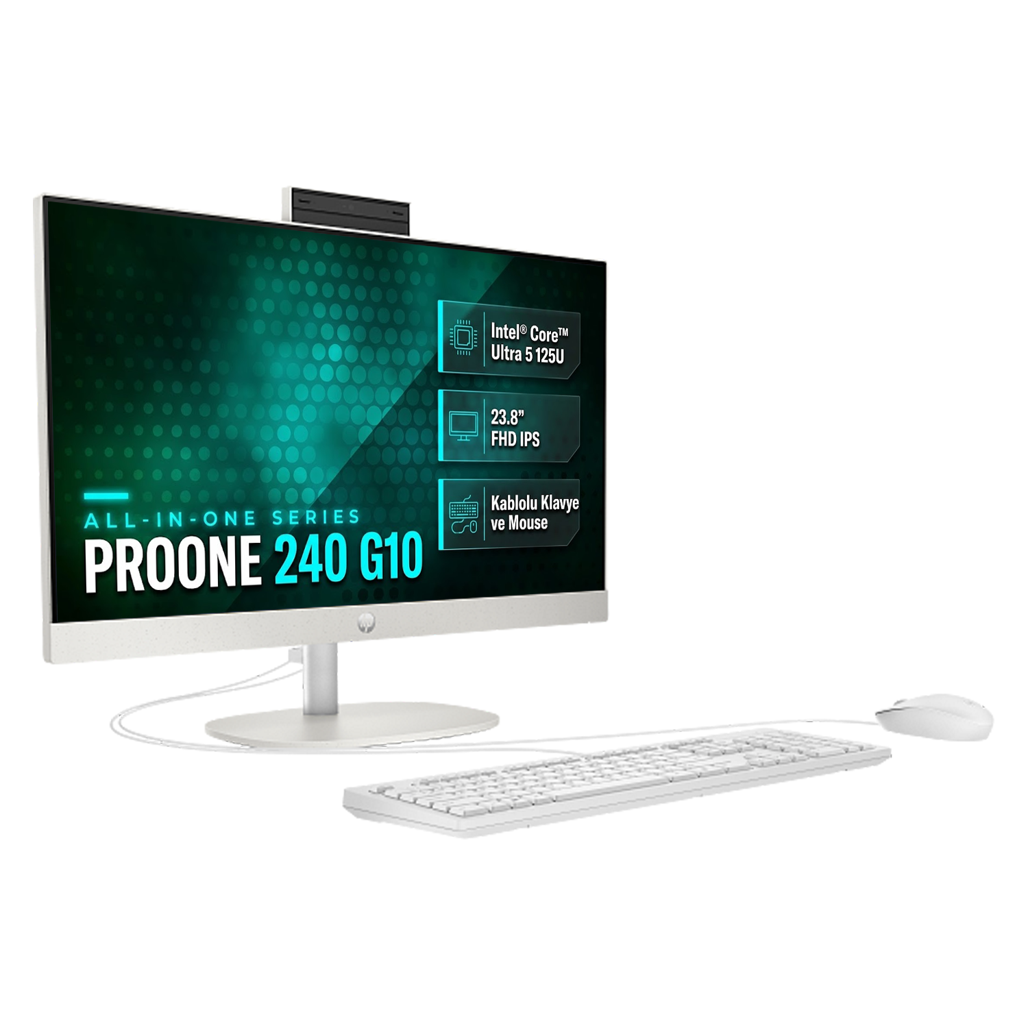 Beyaz klavye ve fareye sahip gümüş renkli HP ProOne 240 G10 Hepsi Bir Arada PC.