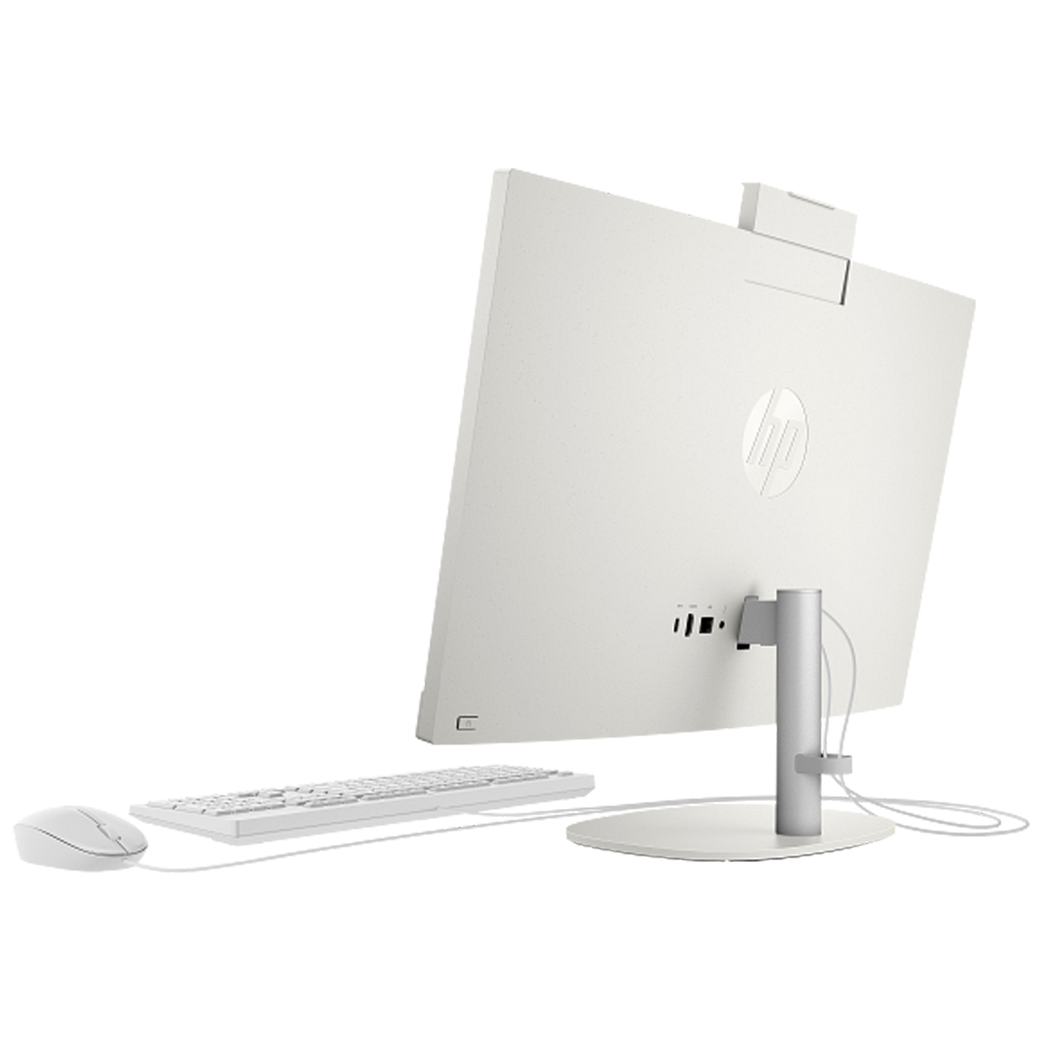 Arka taraftan görünen beyaz bir HP hepsi bir arada bilgisayar, klavye ve fare beyaz arka planda.