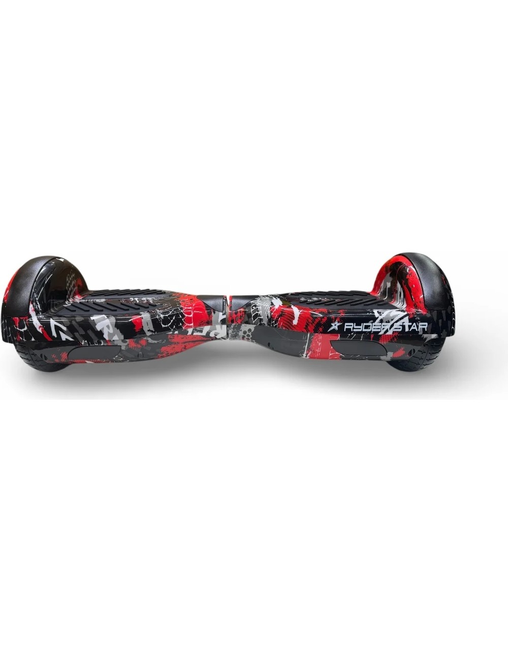 Graffiti desenli siyah, kırmızı ve beyaz bir hoverboard, düz beyaz arka planda yatay olarak duruyor.