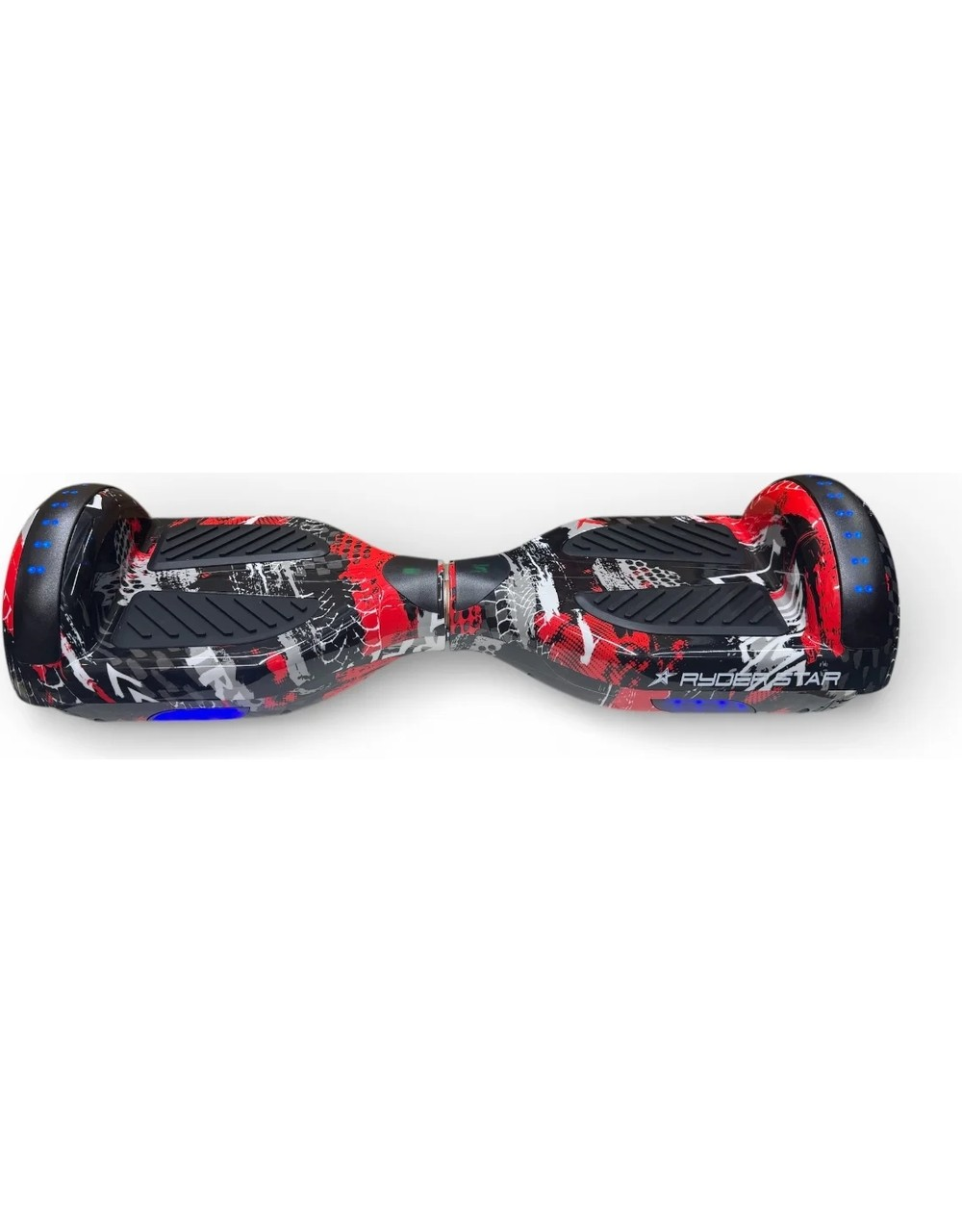 Beyaz arkaplanda mavi ışıklara ve kauçuk pedallara sahip, siyah, beyaz ve kırmızı graffiti desenli bir hoverboard.