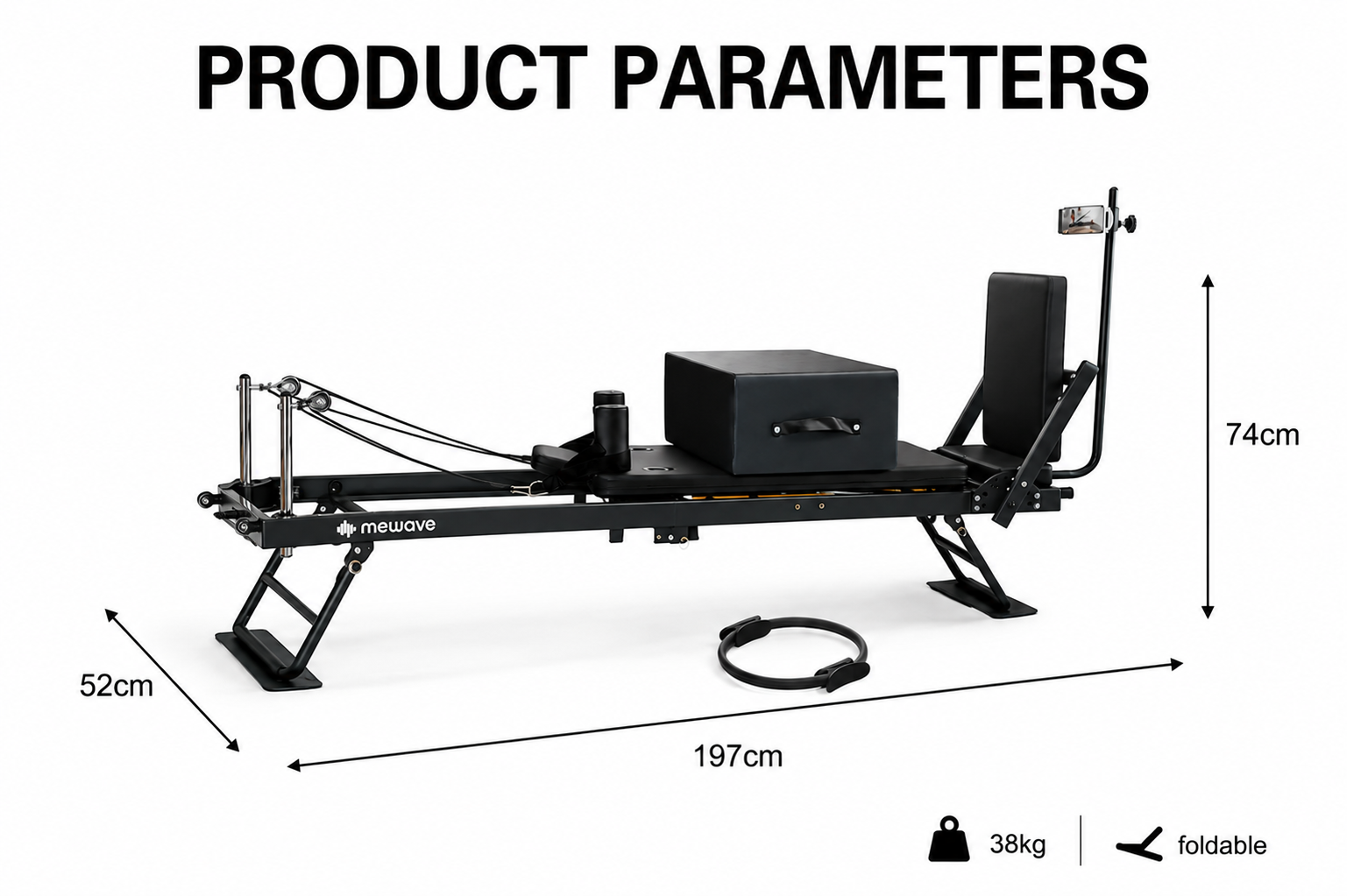 Reformer per pilates nero con dimensioni: 197 cm di lunghezza, 52 cm di larghezza, 74 cm di altezza, peso 38 kg, pieghevole.