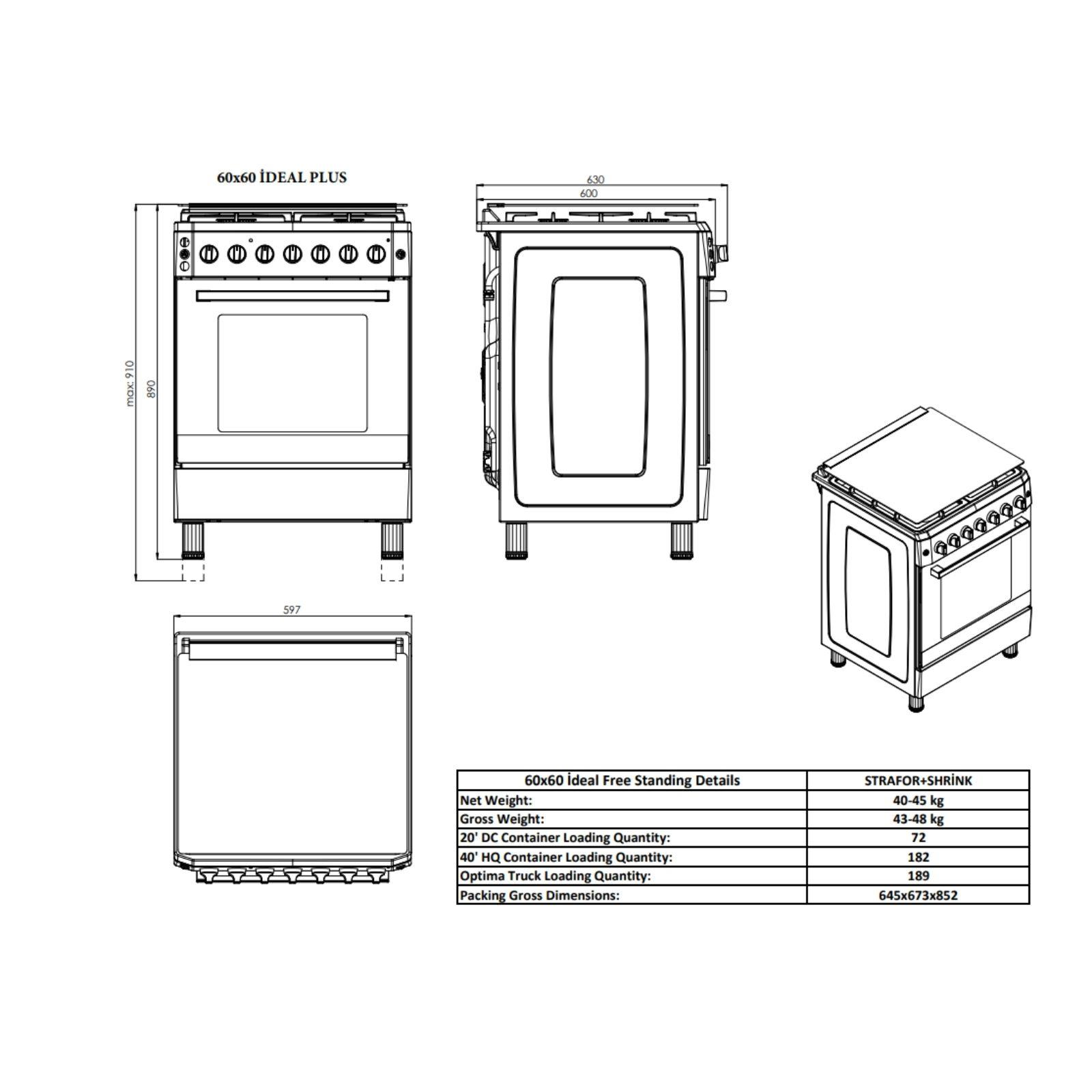Ön, yan ve izometrik görünüşleri ile ağırlık ve yükleme detaylarını içeren 60x60 ocağın teknik resmi.
