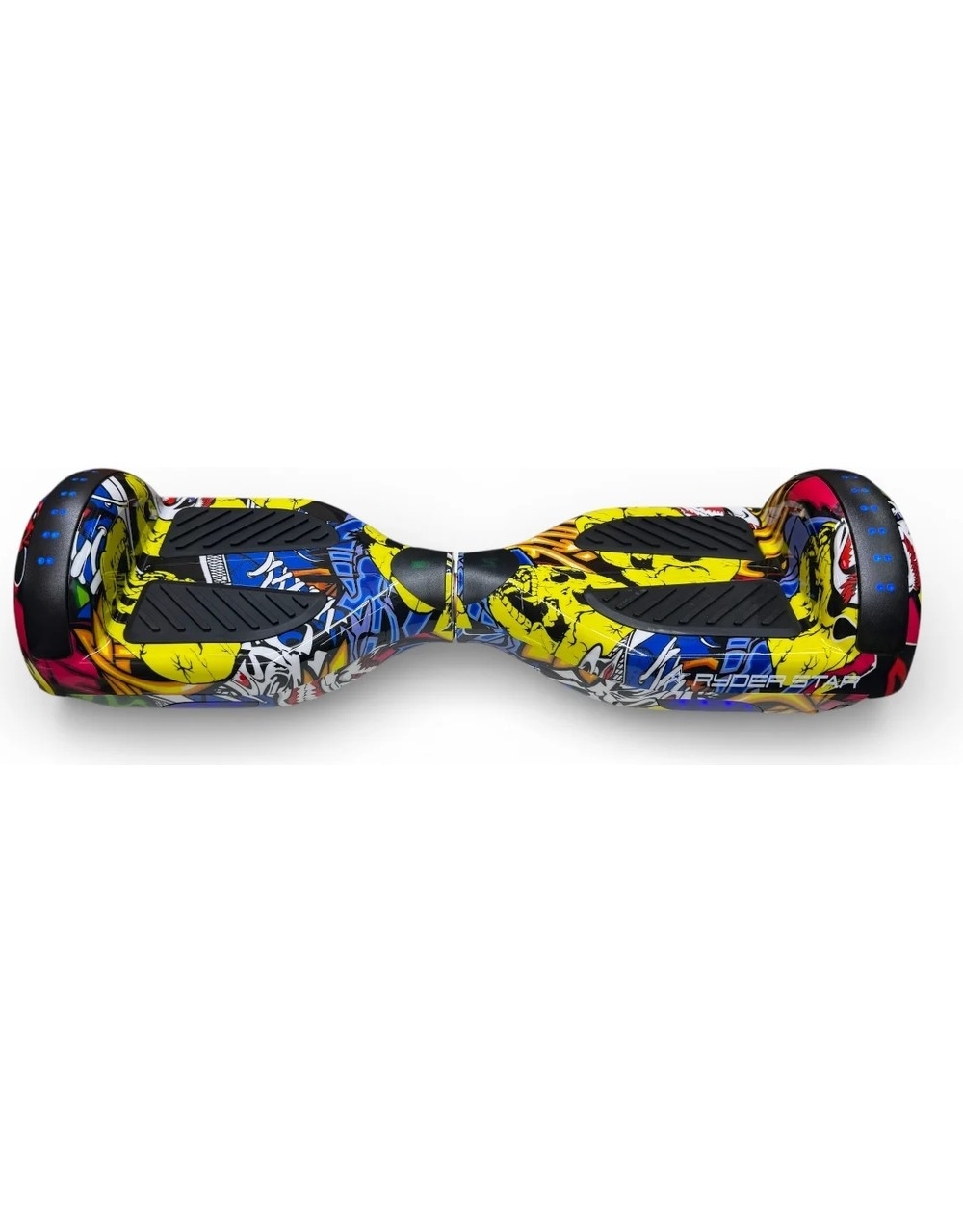 Beyaz arka planda siyah ayak pedalları ve tekerleklerde LED ışıkları olan renkli grafiti desenli bir hoverboard.