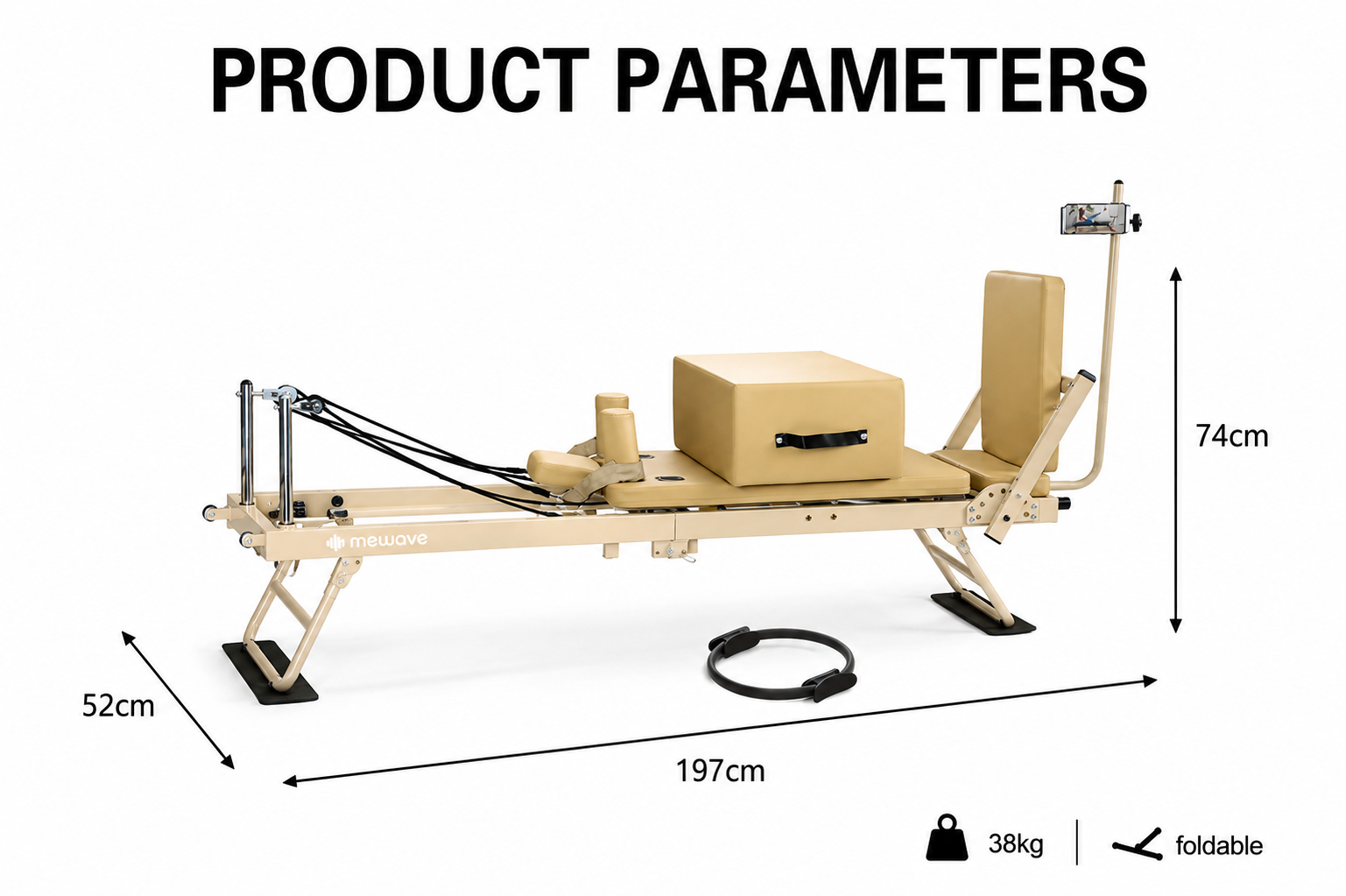 Macchina reformer per pilates beige con dimensioni, scatola e anello su sfondo bianco.