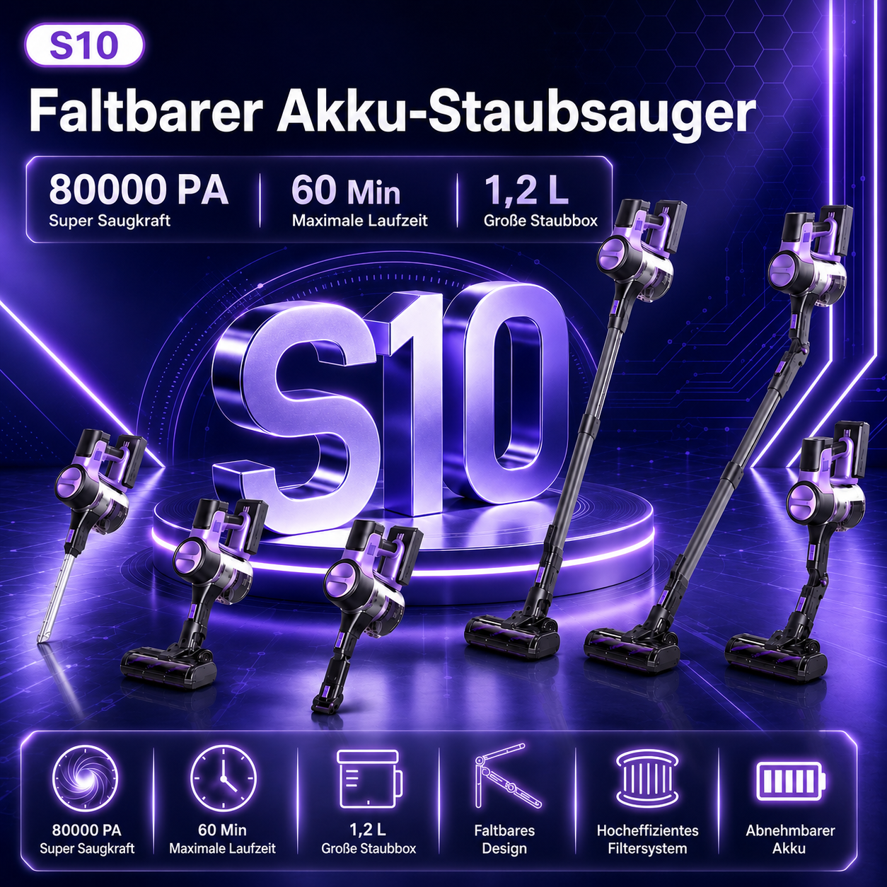 Produktwerbung für den S10 Akku-Staubsauger vor blauem Hintergrund mit technischen Details.