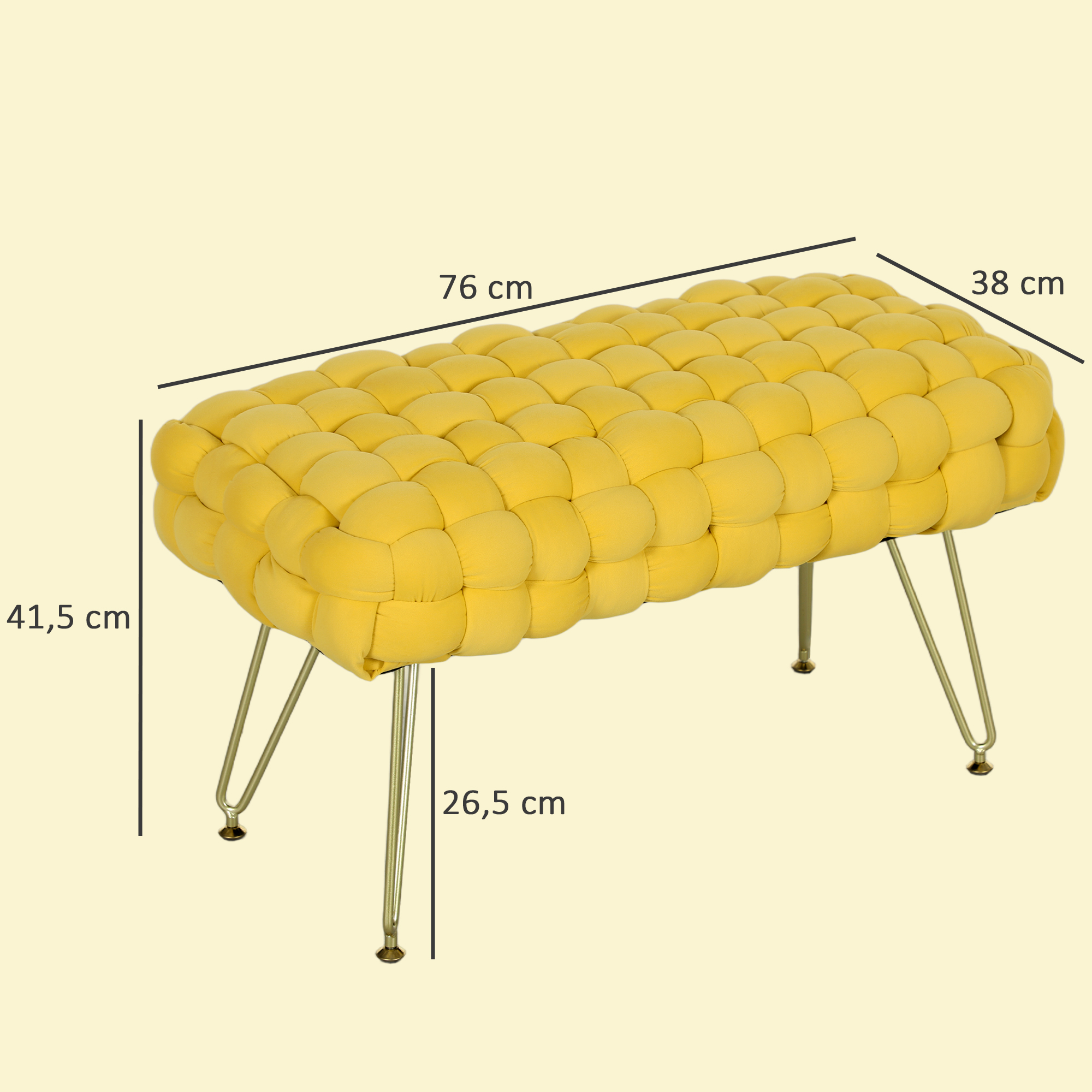 Banco tapizado amarillo con patas de metal dorado y líneas de dimensión.