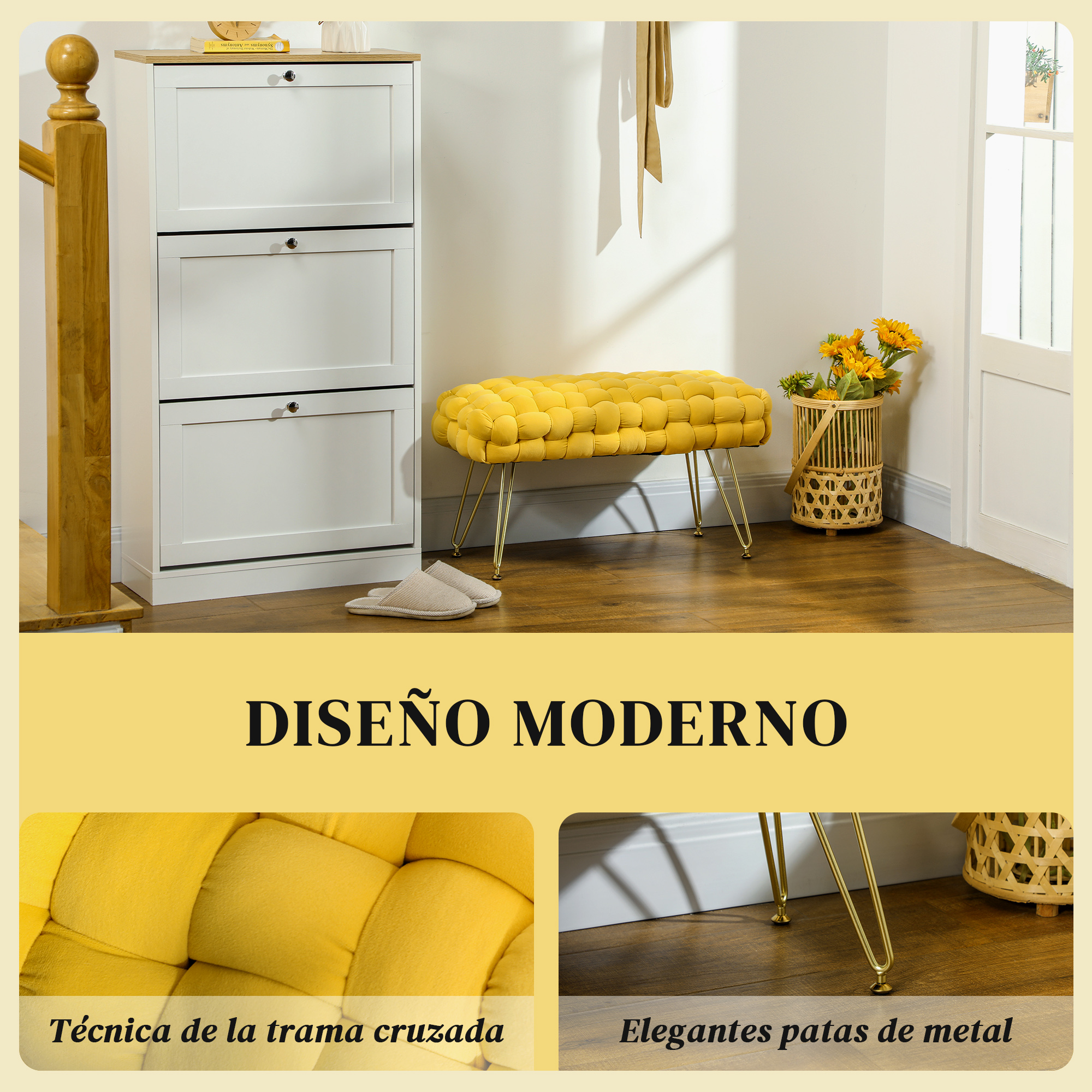 Recibidor con zapatero blanco, banco capitoné amarillo con patas de metal, zapatillas y cesta de flores.