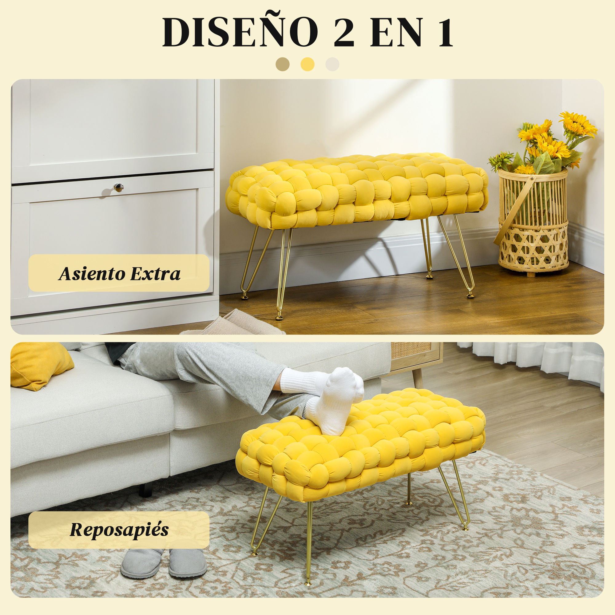 Banco amarillo capitoné con patas de metal dorado, como asiento extra y reposapiés en una sala.