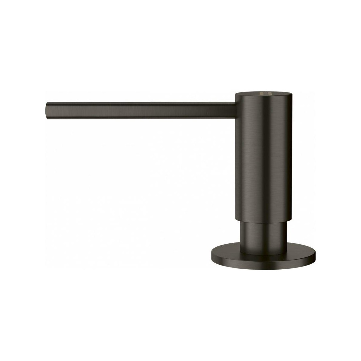 Beyaz arka planda uzun ağızlıklı modern koyu renkli metal sabunluk.