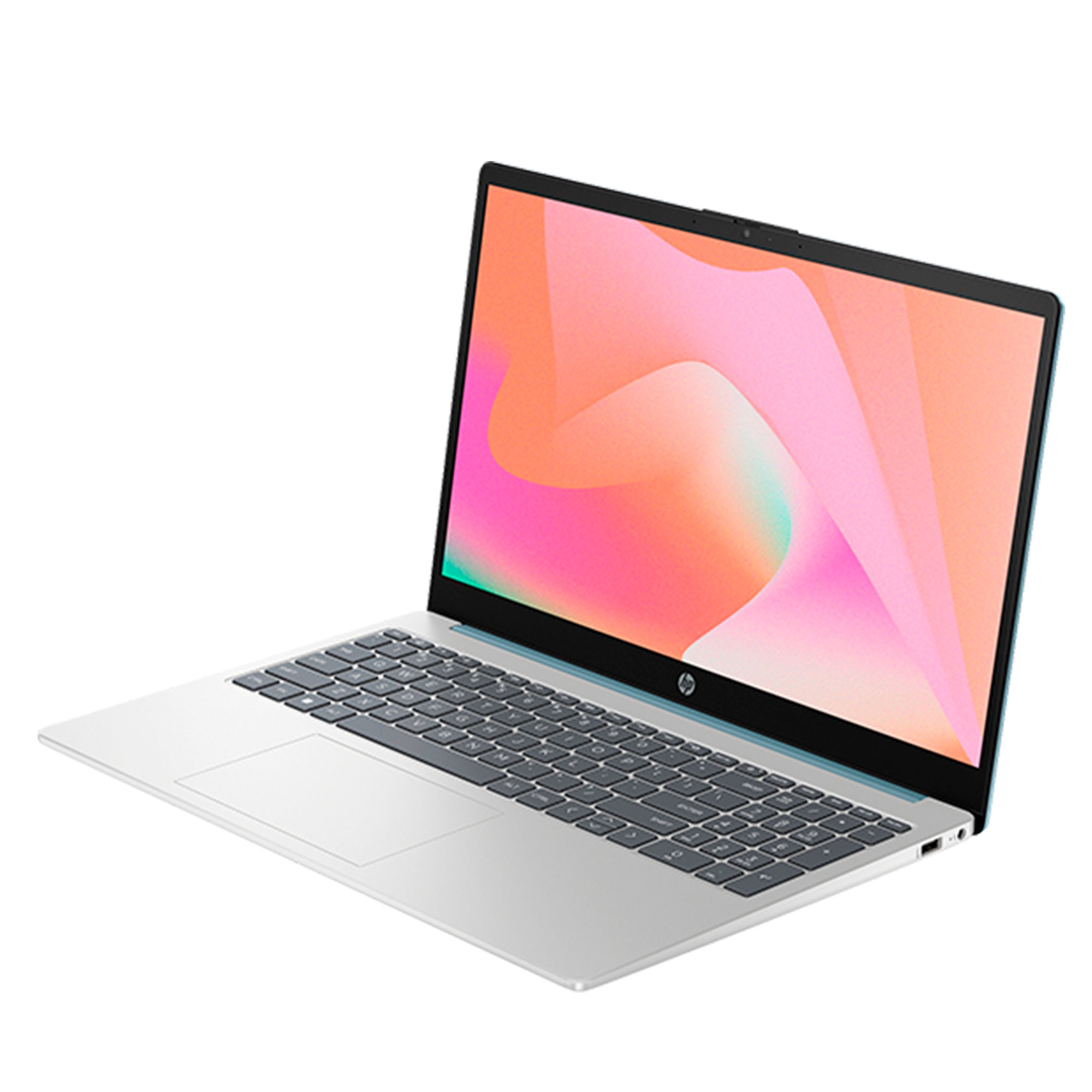 Una laptop plateada con teclado negro muestra un fondo de pantalla abstracto rosa y naranja sobre un fondo blanco.