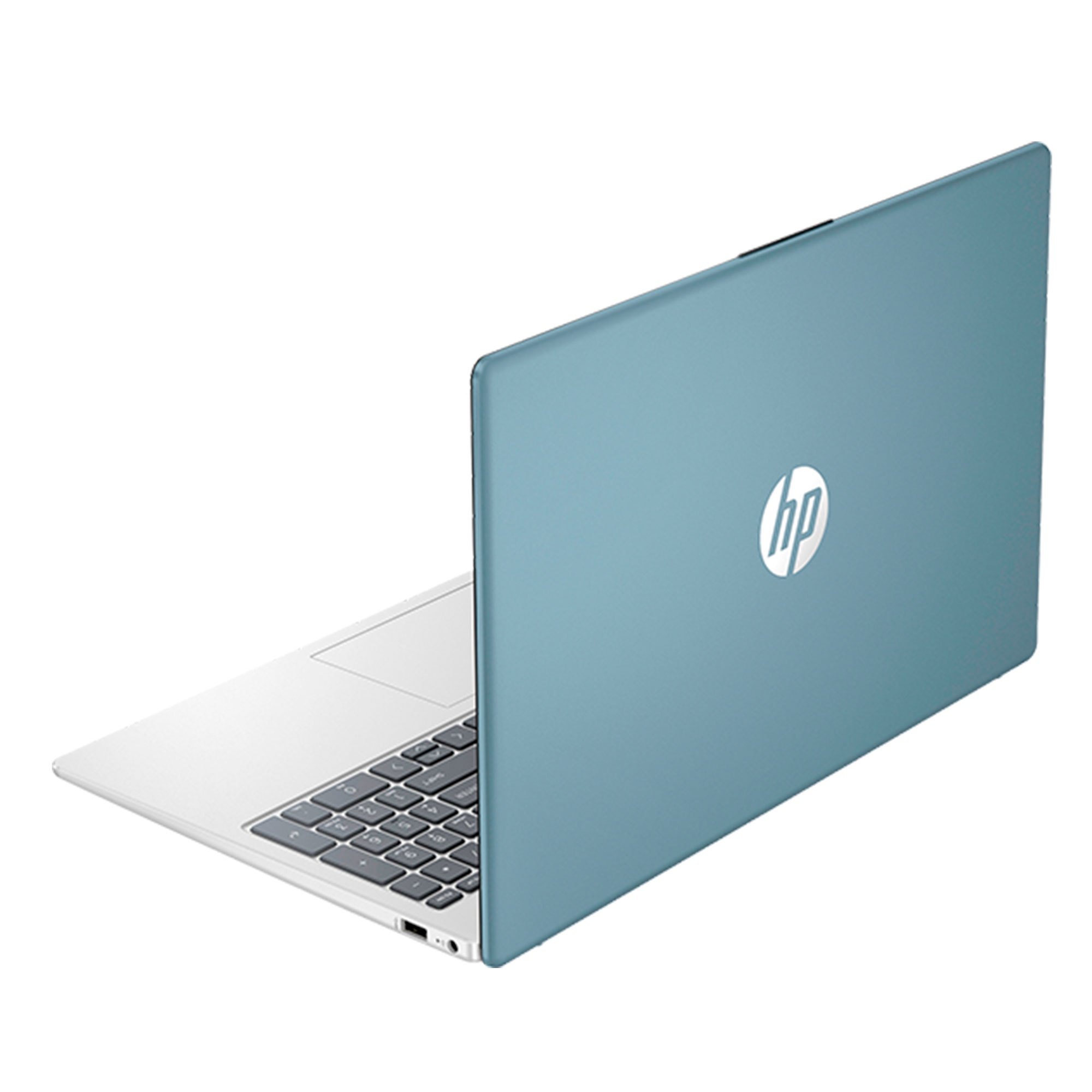 Un portátil HP turquesa se muestra ligeramente cerrado sobre un fondo blanco.
