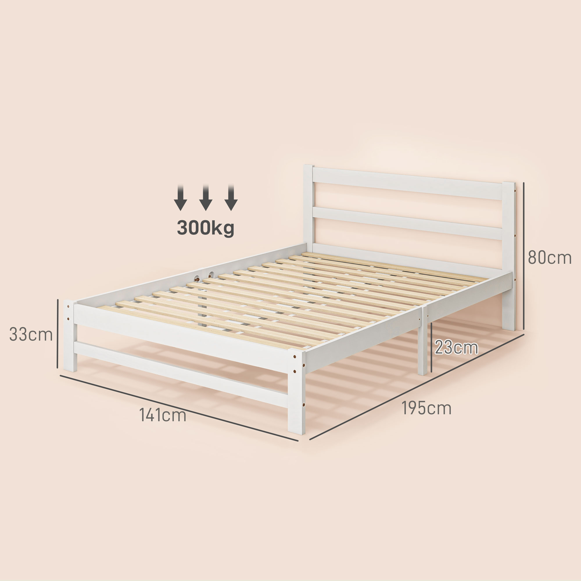 Estructura de cama de madera blanca con listones y medidas sobre fondo neutro.