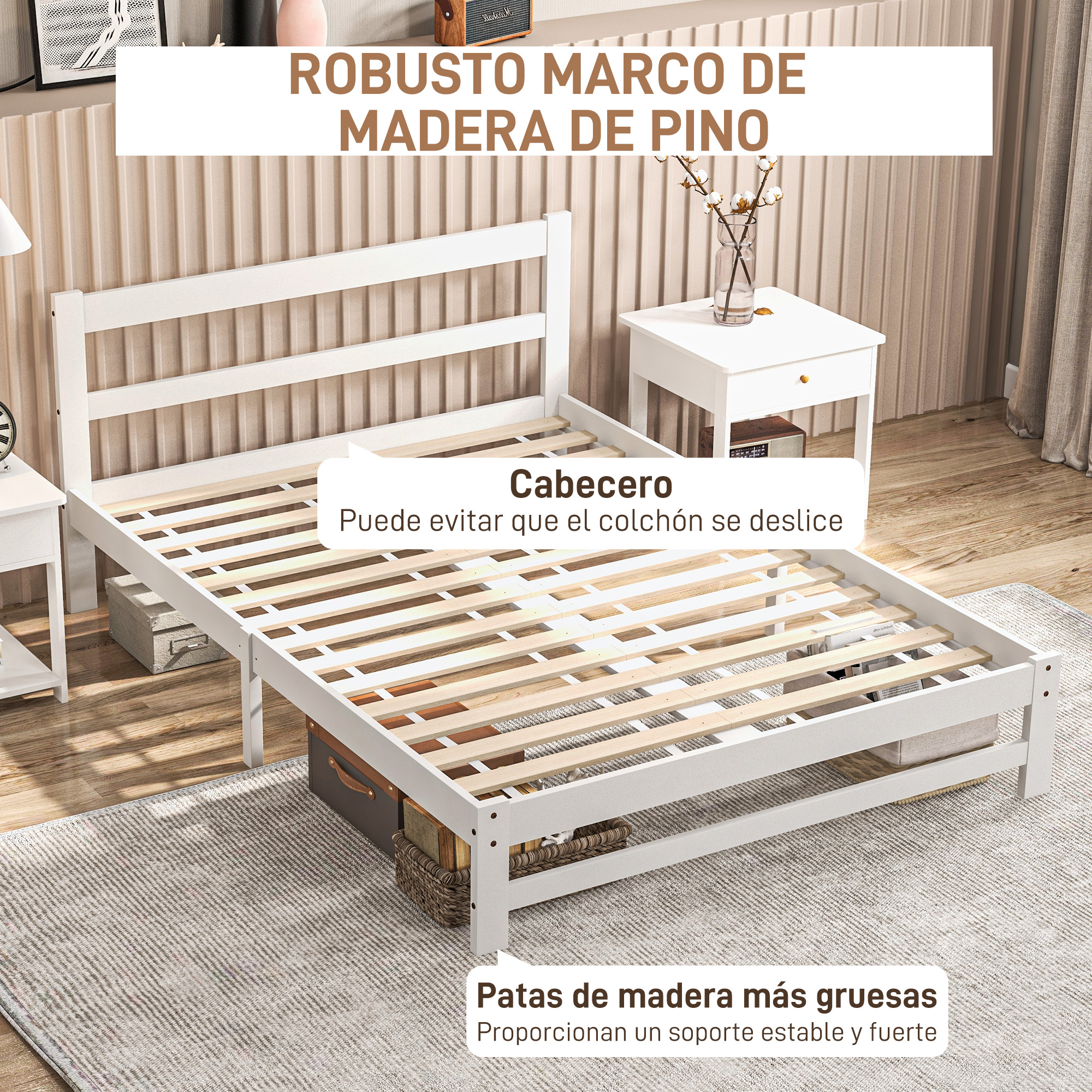 Cama de madera blanca con somier en dormitorio, con etiquetas de texto que señalan el marco, el cabecero y las patas.