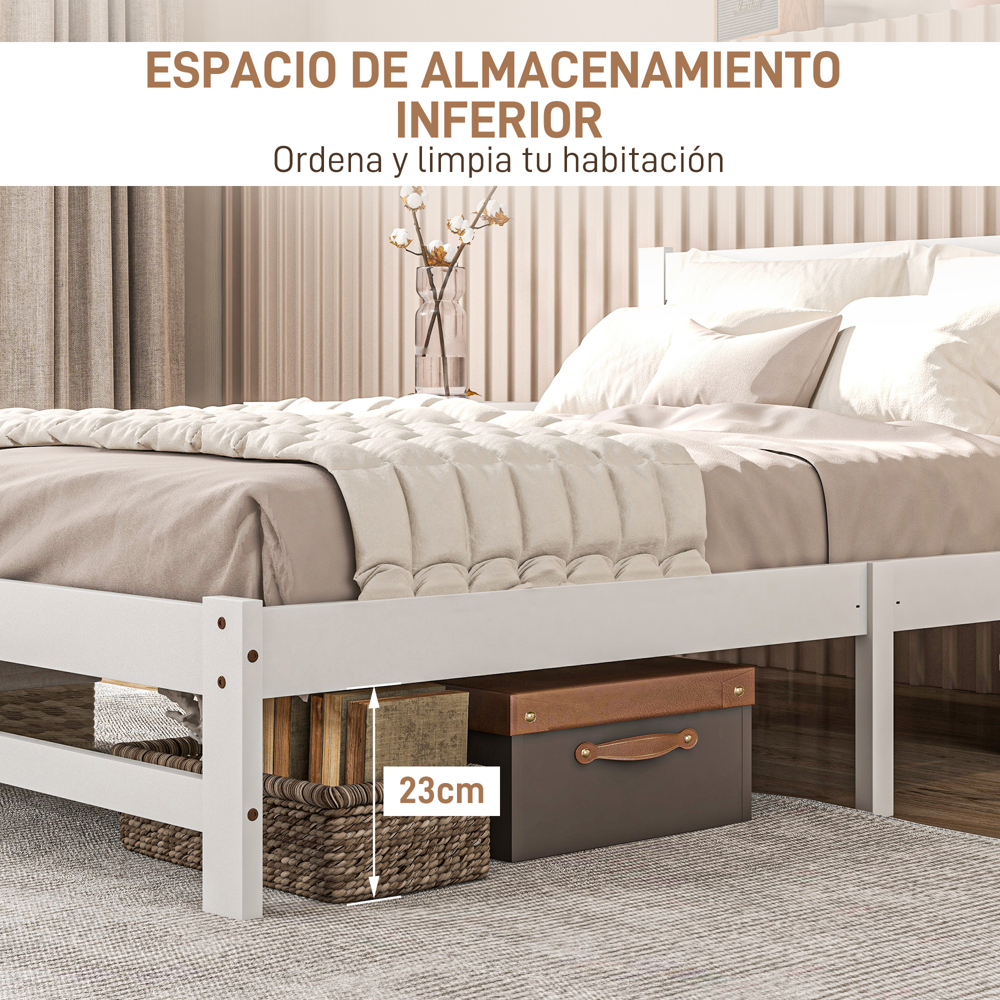 Cama de madera blanca con 23 cm de espacio de almacenamiento inferior con cestas y cajas.