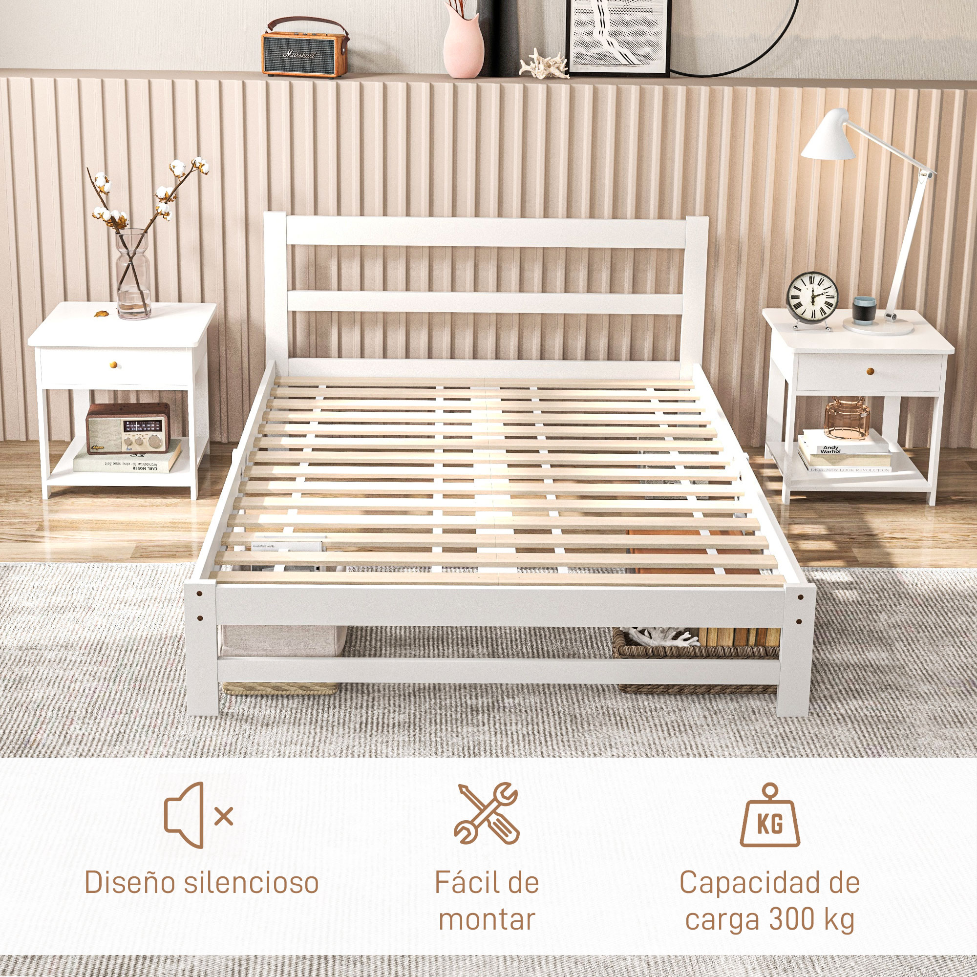Una estructura de cama de madera blanca en un dormitorio con mesitas de noche y texto superpuesto abajo.