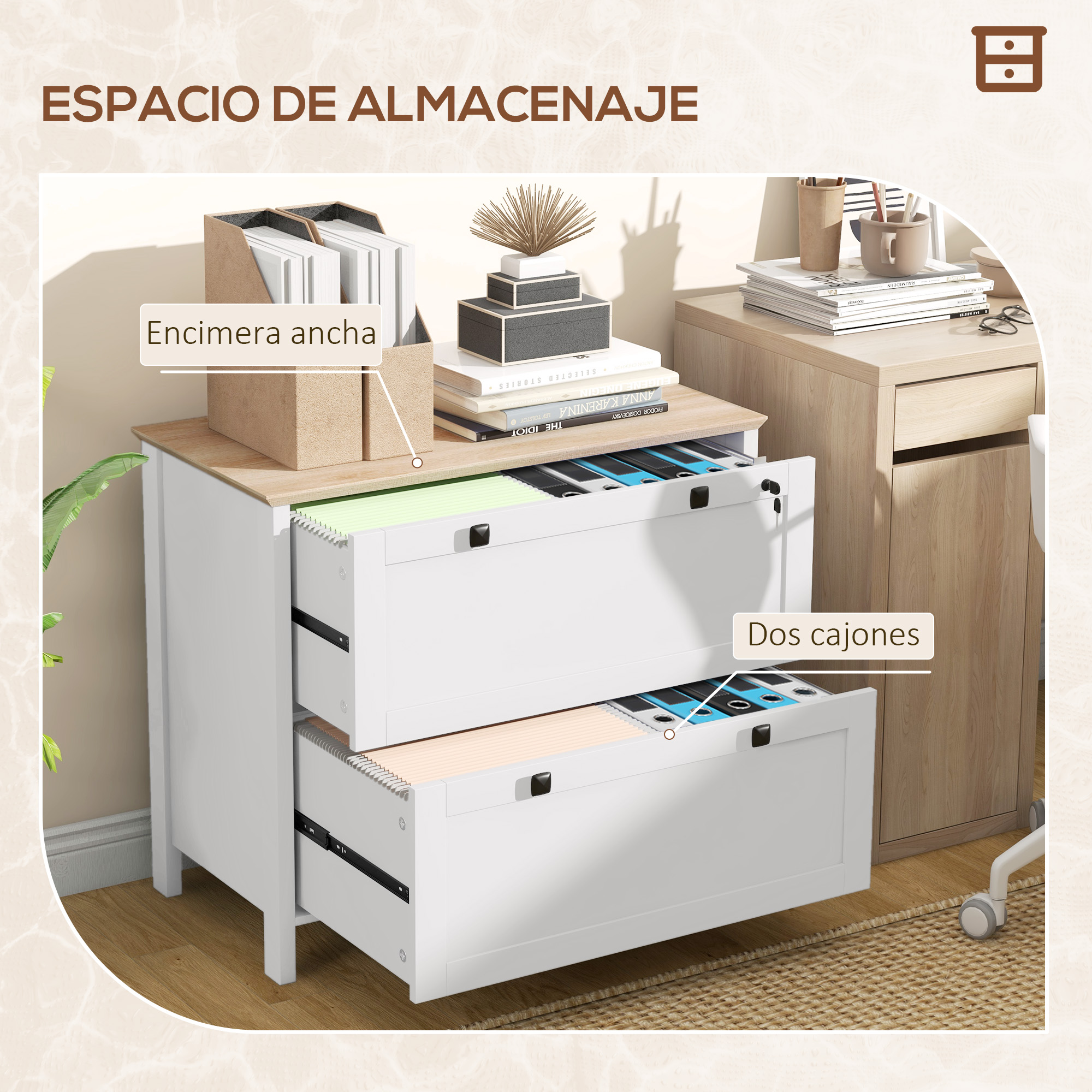 Archivador blanco de dos cajones con carpetas abiertas y libros encima.