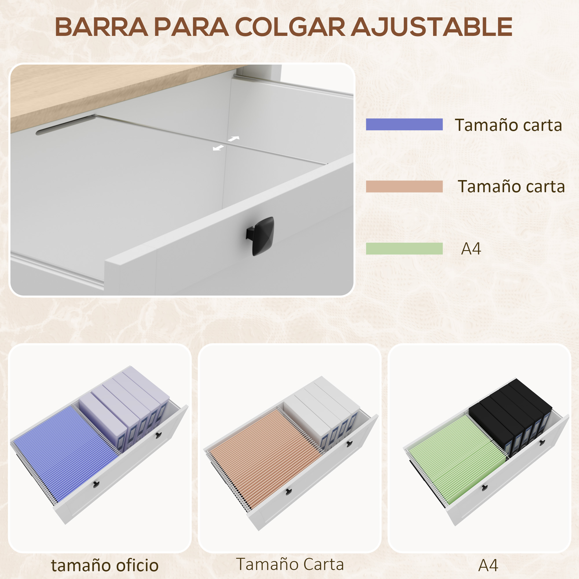 Barra para colgar ajustable para carpetas tamaño oficio, carta y A4.