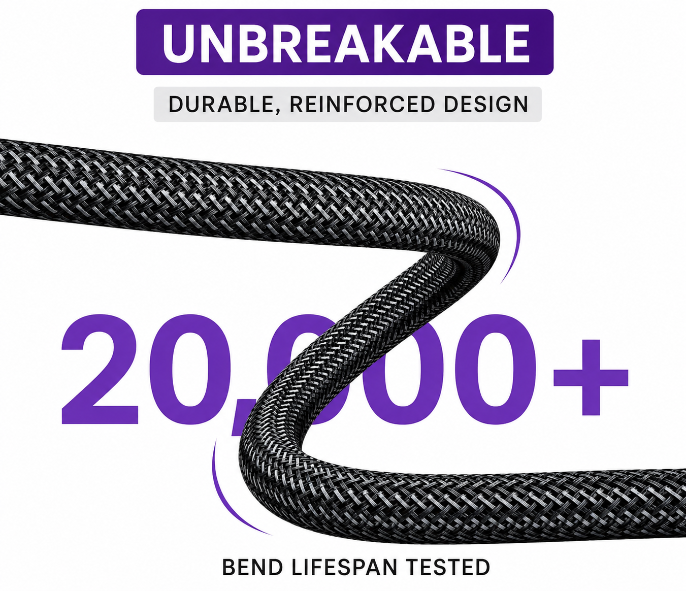 Câble noir tressé incassable avec le texte 20,000+ Bend Lifespan Tested sur fond blanc.