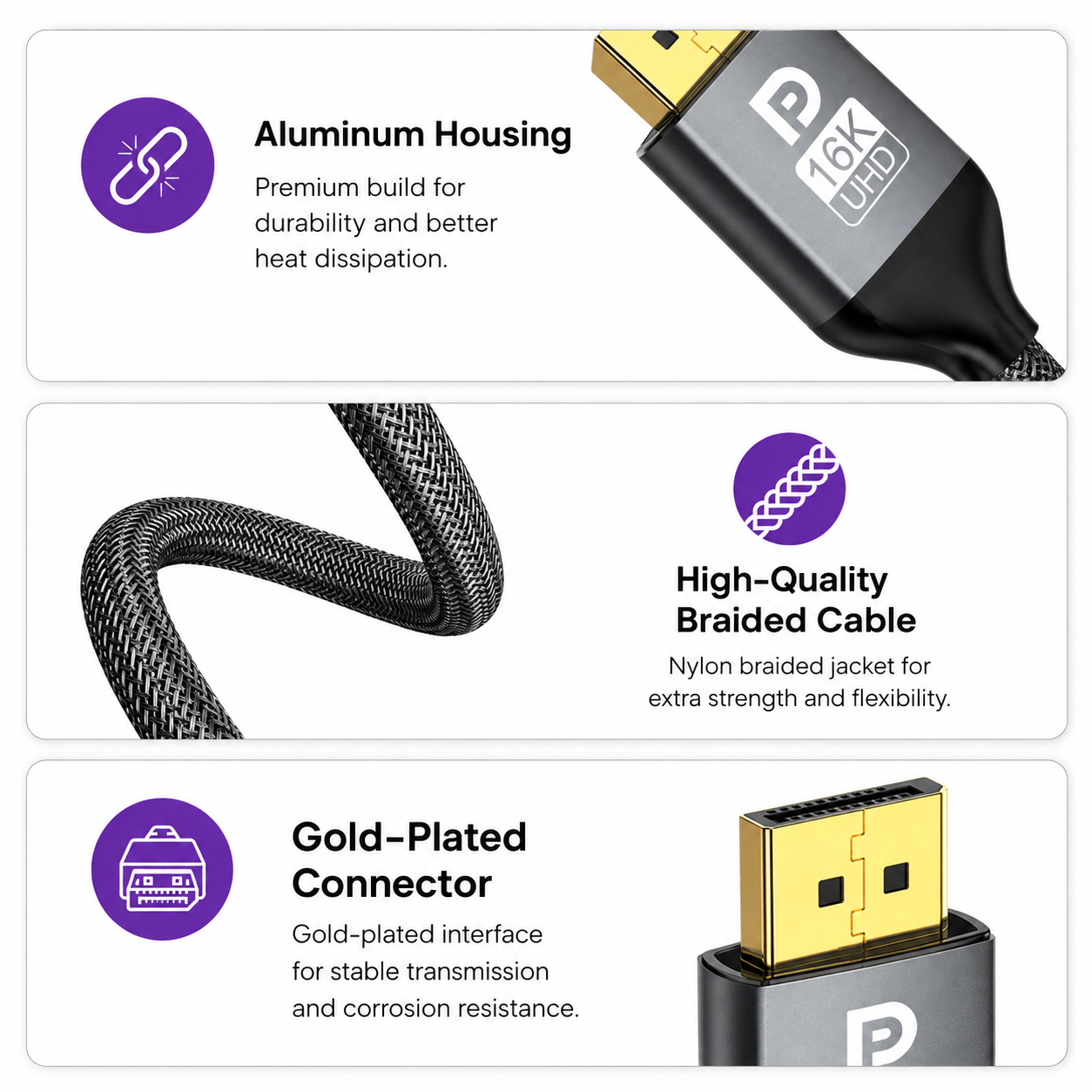 Caractéristiques du câble DisplayPort : boîtier en aluminium, câble tressé en nylon et connecteur plaqué or.