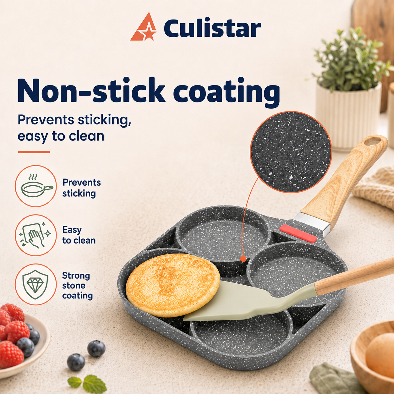 Poele carree antiadherente a 4 trous avec manche en bois, crepe, spatule et fruits.