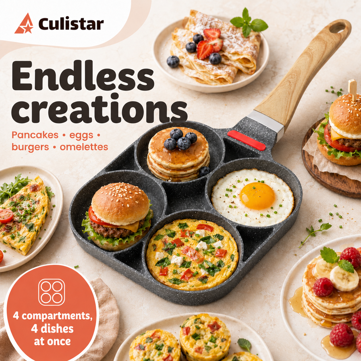 Poêle à quatre compartiments avec pancakes, burger, œuf au plat et omelette, entourée de plats.