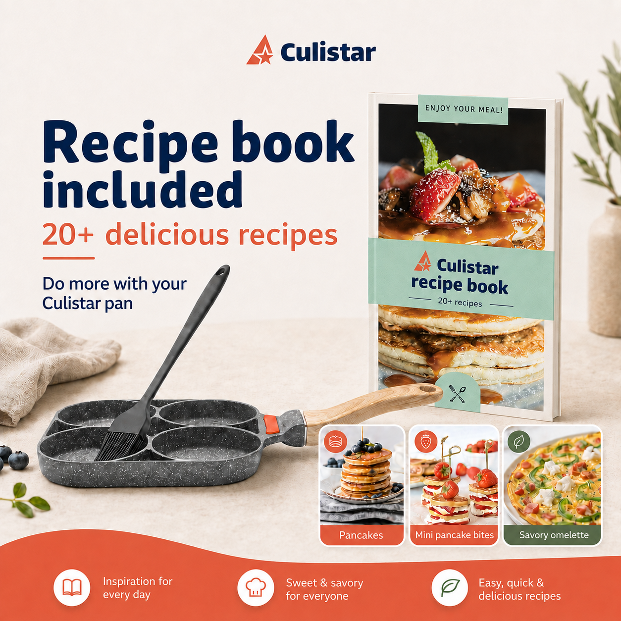 Une poêle Culistar à quatre compartiments avec un pinceau, un livre de recettes et des plats comme des crêpes.