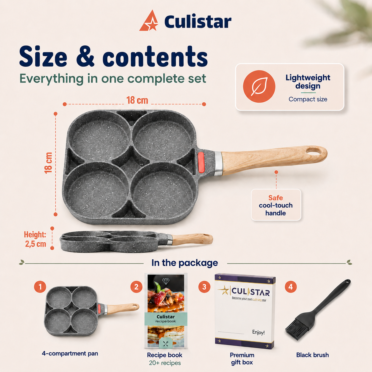 Infographie montre la poêle à 4 compartiments Culistar avec dimensions, livre de recettes et pinceau.