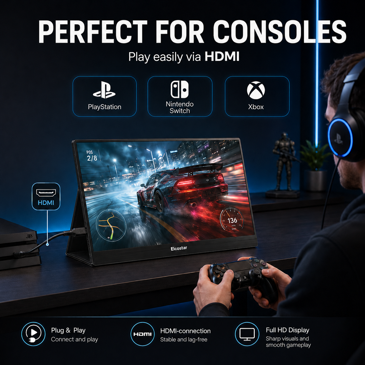 Gracz używa przenośnego monitora z HDMI do PlayStation, Switch i Xbox w ciemnym pokoju.